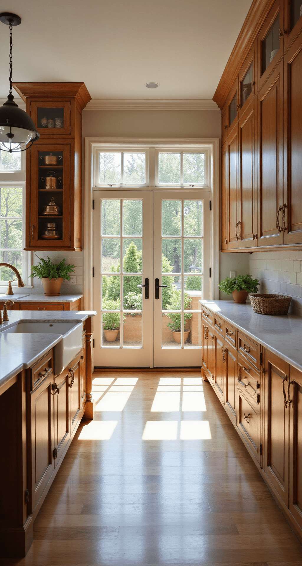 A spacious traditional kitchen featuring red oak cabinets, Carrara marble countertops, and a center island, bathed in morning sunlight from large east-facing windows, with copper cookware displays and fresh herbs, viewed from the entrance.
