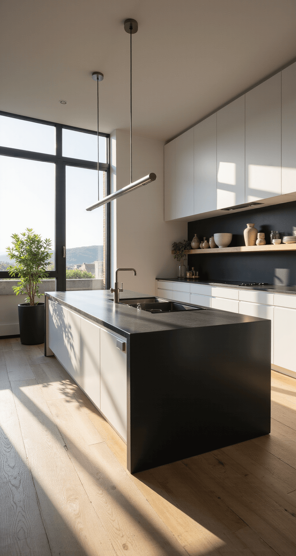 Modern minimalist kitchen with white oak flat-panel cabinets and a matte black quartz waterfall island, illuminated by late afternoon sun streaming through floor-to-ceiling windows. The scene features integrated appliances, brushed steel pendant lights, floating shelves with curated ceramics, and a monstera plant in a black planter, all captured at a 45-degree angle to emphasize geometric harmony. Color palette includes blonde oak, stark white, matte black, and brushed steel.