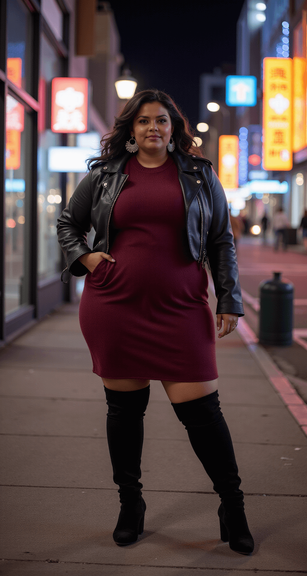 A plus-size model in a fitted deep burgundy sweater dress and black suede thigh-high boots stands confidently in a nighttime urban setting, illuminated by city lights and neon signs, with a cropped leather jacket and statement silver hoop earrings. The photo is taken from a low angle, highlighting her powerful stance against a backdrop of shimmering city lights.