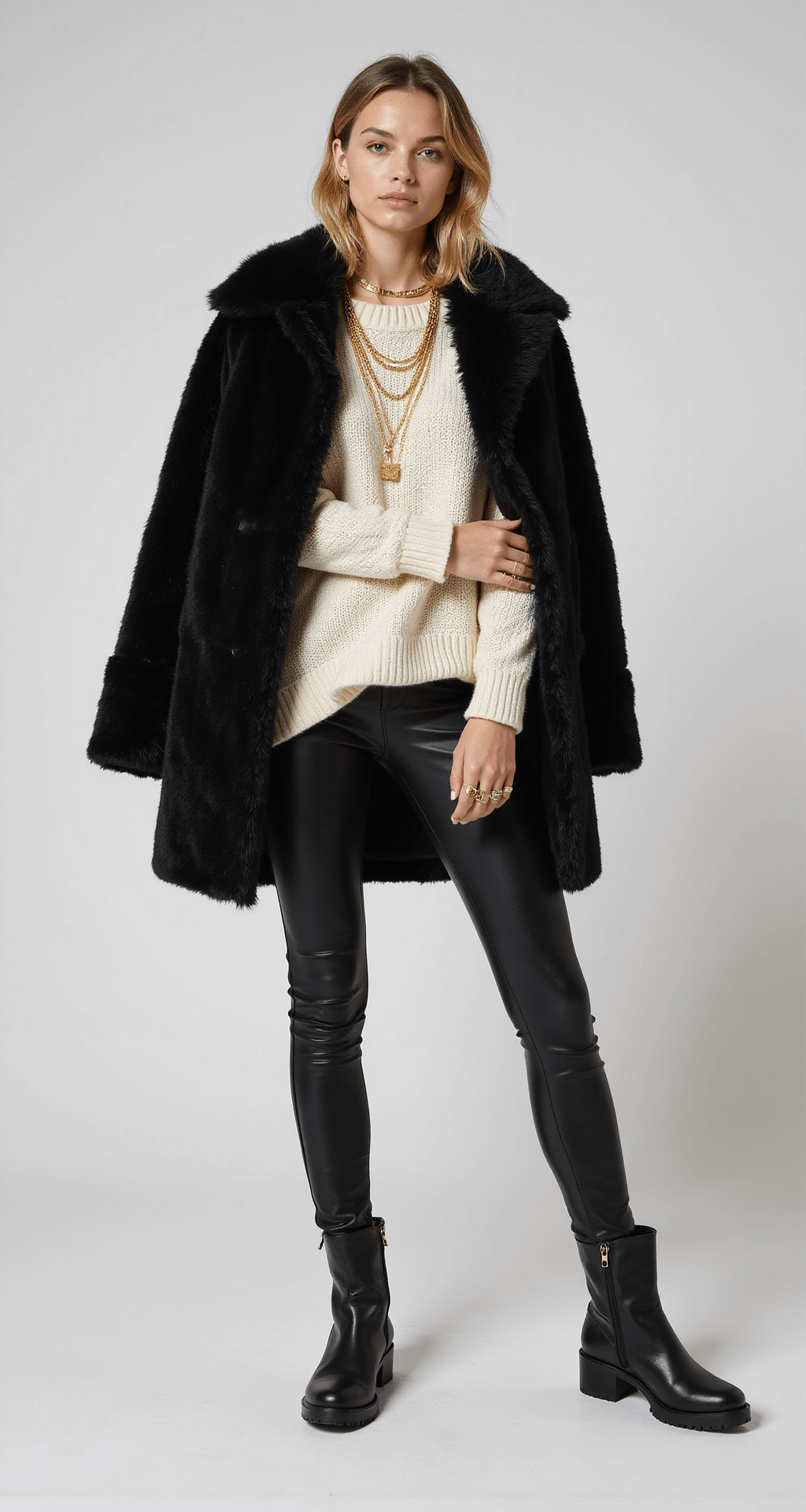 A model showcases a layered winter outfit in a minimalist white studio, featuring black leather leggings, a cream oversized chunky knit sweater, and a black faux fur coat. Gold accessories, including layered necklaces and rings, are elegantly arranged, highlighting texture details in a clean, editorial style shot.