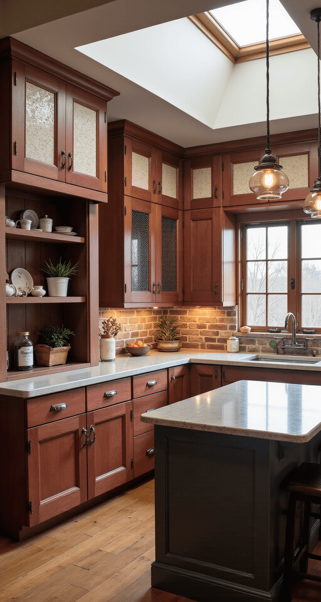 Rustic farmhouse kitchen featuring distressed red oak cabinets, soapstone countertops, and a reclaimed brick backsplash, illuminated by vintage pendant lights and natural light from a skylight. An antique hutch displays an ironstone collection, while dried herbs hang from a ceiling rack. The scene is captured from a corner, showcasing a color palette of aged oak, charcoal gray, vintage white, and rustic red accents, all bathed in golden hour light.