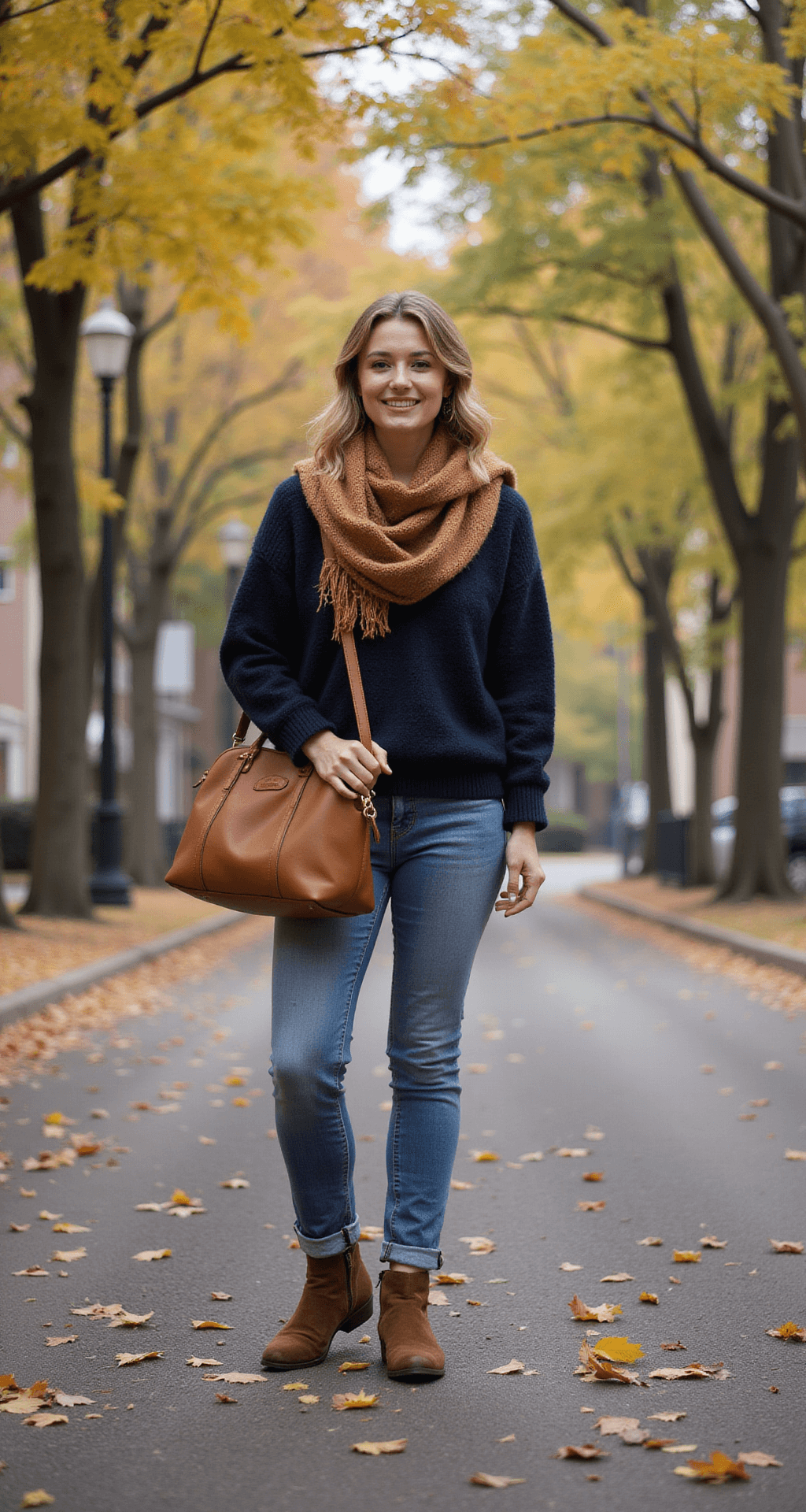 A woman in an oversized navy sweater and light wash mom jeans walks along a tree-lined street covered in fallen leaves on a crisp autumn morning, with a camel wool scarf and brown suede ankle boots, carrying a leather tote. Dappled sunlight filters through the branches above.