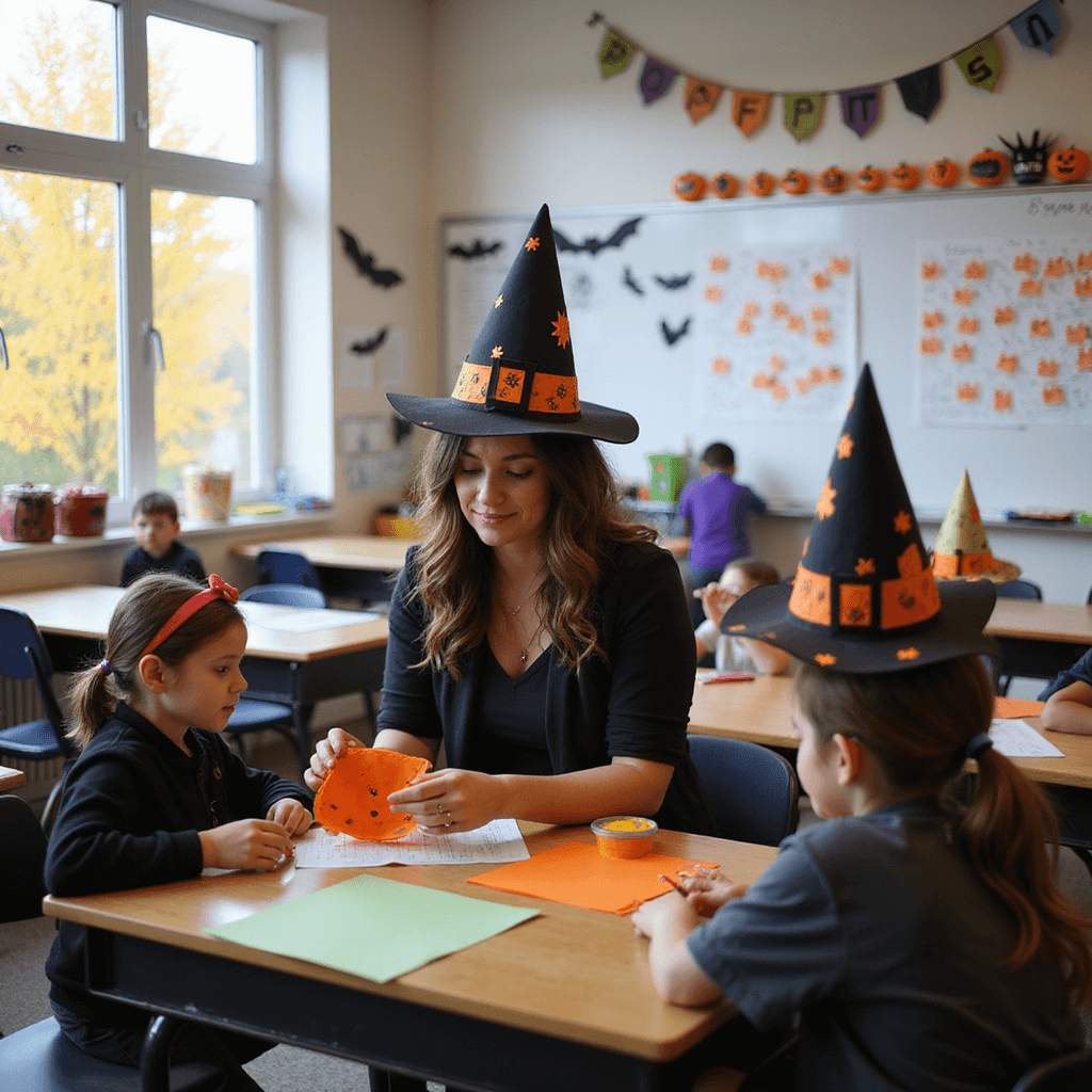 A bright elementary school classroom decorated for Halloween, featuring a teacher's hands demonstrating how to make paper witch hats, with students and Halloween artwork visible in the background.