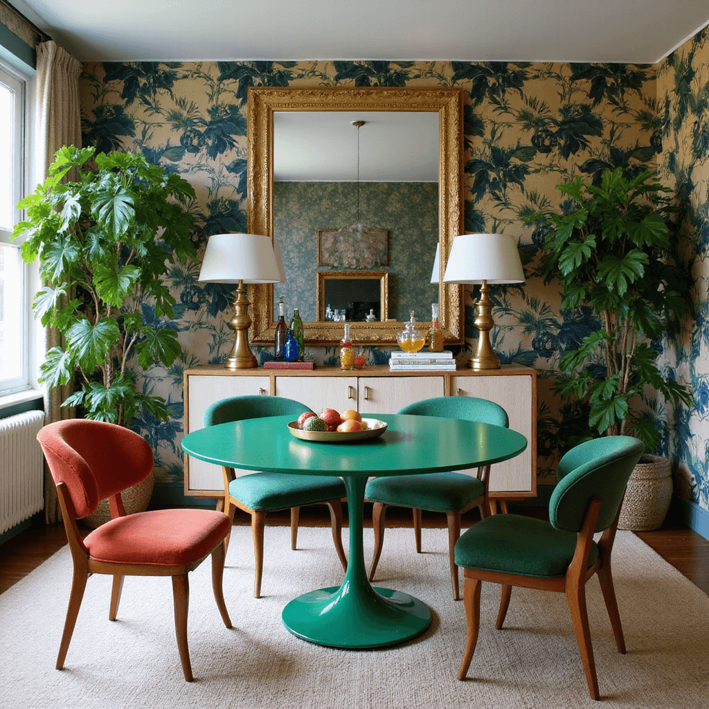 A vibrant dining space featuring an emerald green tulip table surrounded by vintage jewel-toned chairs, with natural light illuminating a mirrored sideboard and tropical-print wallpaper in the background. Decorative elements include brass lamps, colored glass decanters, and trailing plants, all captured in rich color saturation.