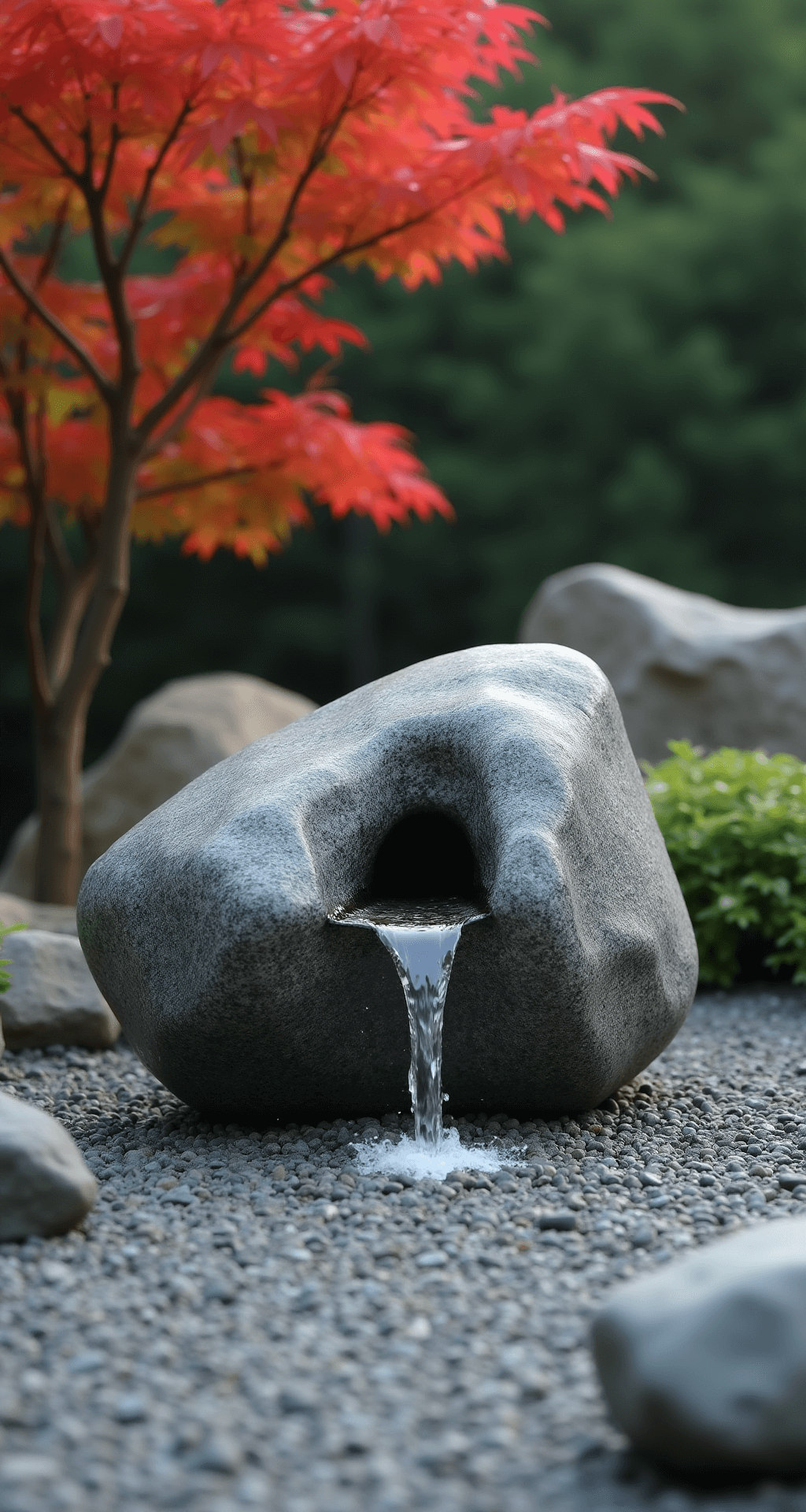 Detail shot of a zen garden corner featuring a minimalist granite boulder fountain with water flowing from a natural fissure, surrounded by raked gravel and a single red maple tree. The soft morning light creates a peaceful atmosphere, highlighting the texture of the stone and the water details while maintaining a monochromatic palette.