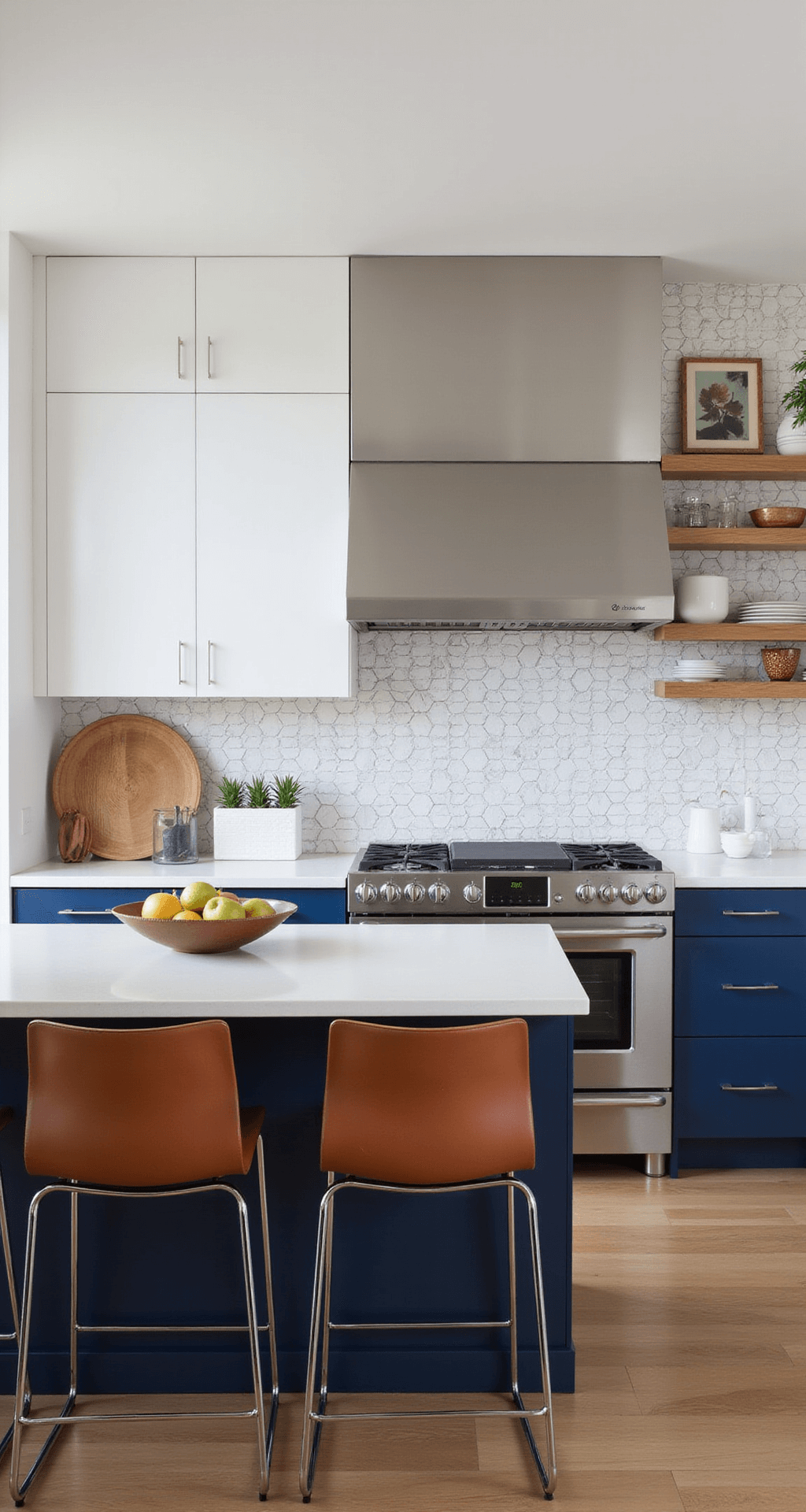 Contemporary two-tone kitchen featuring white oak upper cabinets and navy blue lowers, illuminated by morning light reflecting off stainless steel appliances, with a geometric tile backsplash, floating open shelves, leather and steel barstools, a sculptural fruit bowl, and a modern art print, all presented in a dramatic diagonal composition.