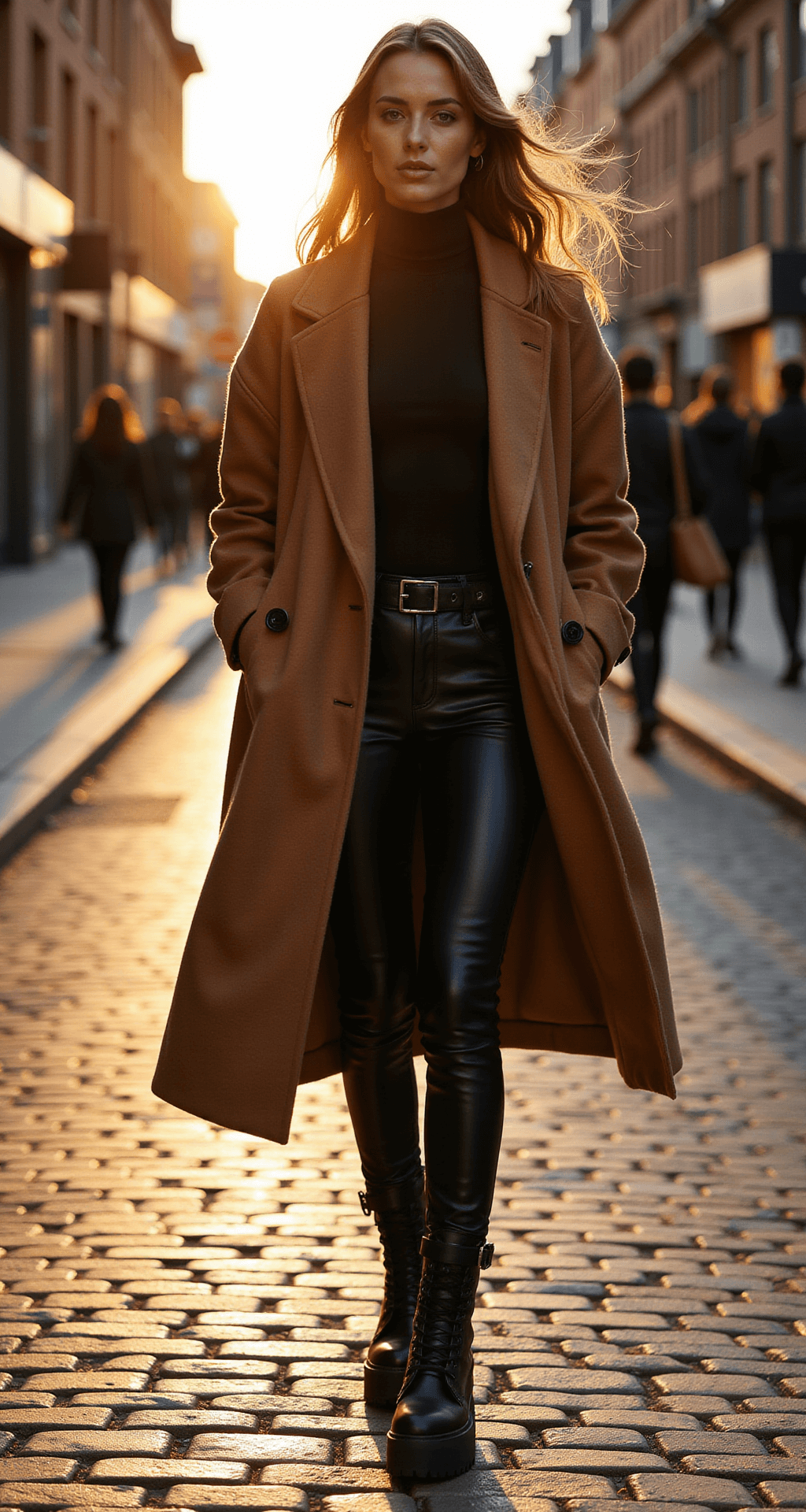 A model walks along a cobblestone street at sunset, wearing an oversized camel coat over a black bodysuit and leather leggings, with platform combat boots. The golden light enhances her features and the coat's texture as the wind creates movement. The photo is captured from a front three-quarter angle using a 50mm lens at f/1.4.