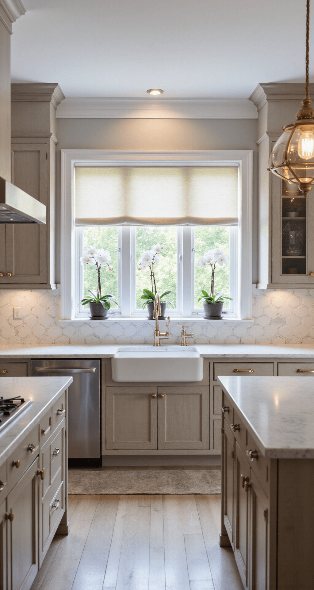 Transitional kitchen featuring quarter-sawn white oak cabinets in soft gray wash, a marble hexagon backsplash, mixed metal fixtures, and geometric pendant lights, captured in diffused afternoon light with a focus on cabinet details.