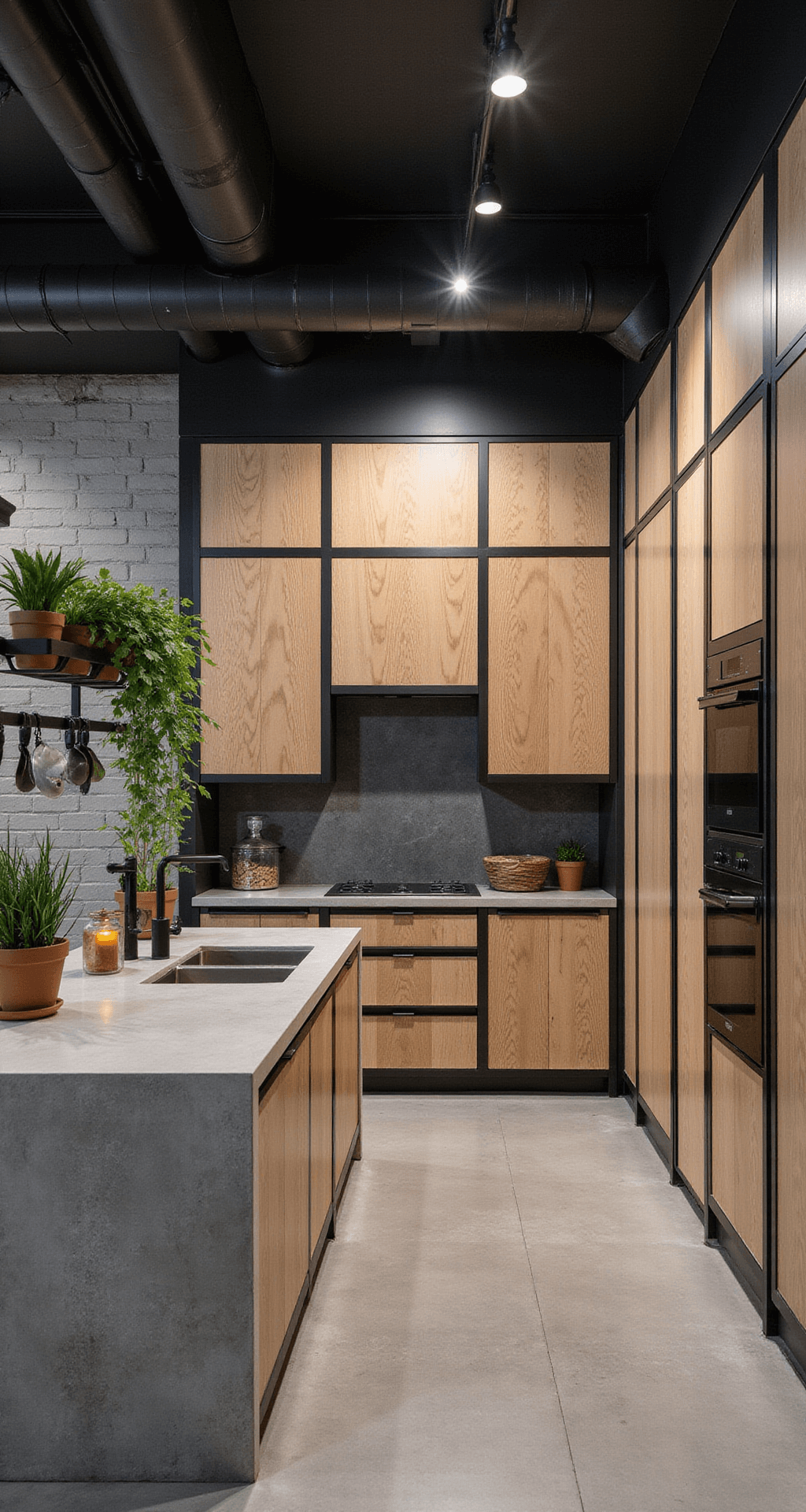 A modern industrial kitchen featuring rift-cut white oak cabinets with black steel accents, concrete countertops, and a metallic tile backsplash, illuminated by dramatic track lighting. The low-angle view captures the exposed ductwork, wall-mounted pot rack, and vertical herb garden against a color palette of light oak, charcoal gray, weathered steel, and matte black.
