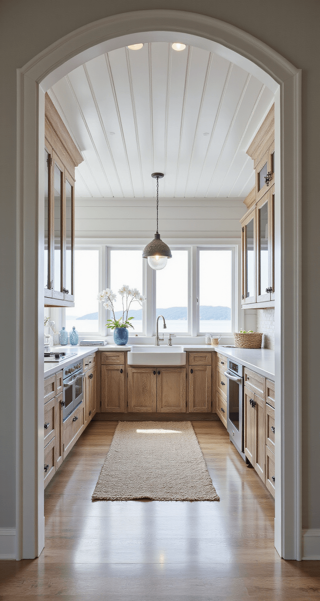 Coastal-inspired kitchen with weathered oak cabinets, glass uppers, and a shiplap ceiling, showcasing water views through large windows, rope pendant lights, and blue-and-white ceramics, in a driftwood oak, crisp white, sea glass blue, and sandy beige color palette.