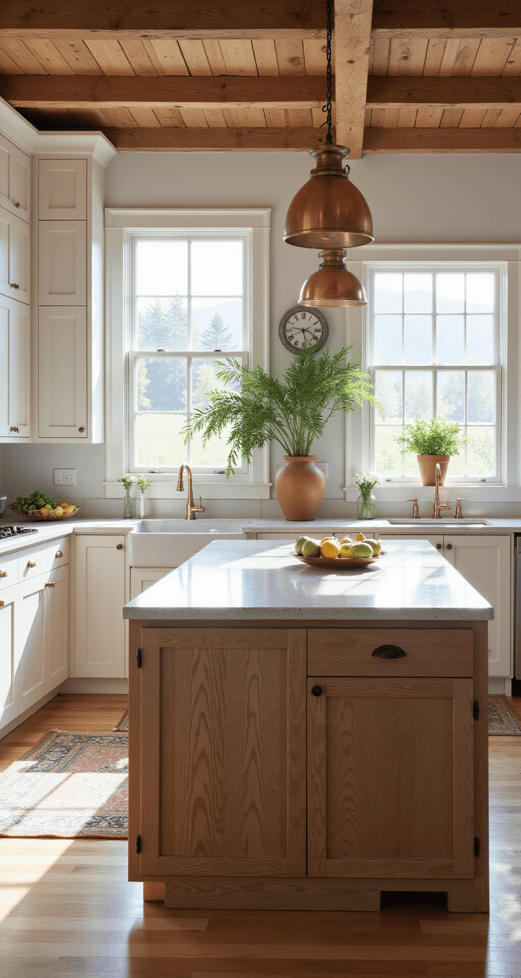 A modern farmhouse kitchen featuring white oak shaker cabinets with brass hardware, a dark oak center island with cream quartz countertops, vintage copper pendants, and abundant natural light filtering through triple-pane windows, styled with artisanal ceramics, terracotta pots with fresh herbs, and a colorful fruit bowl.