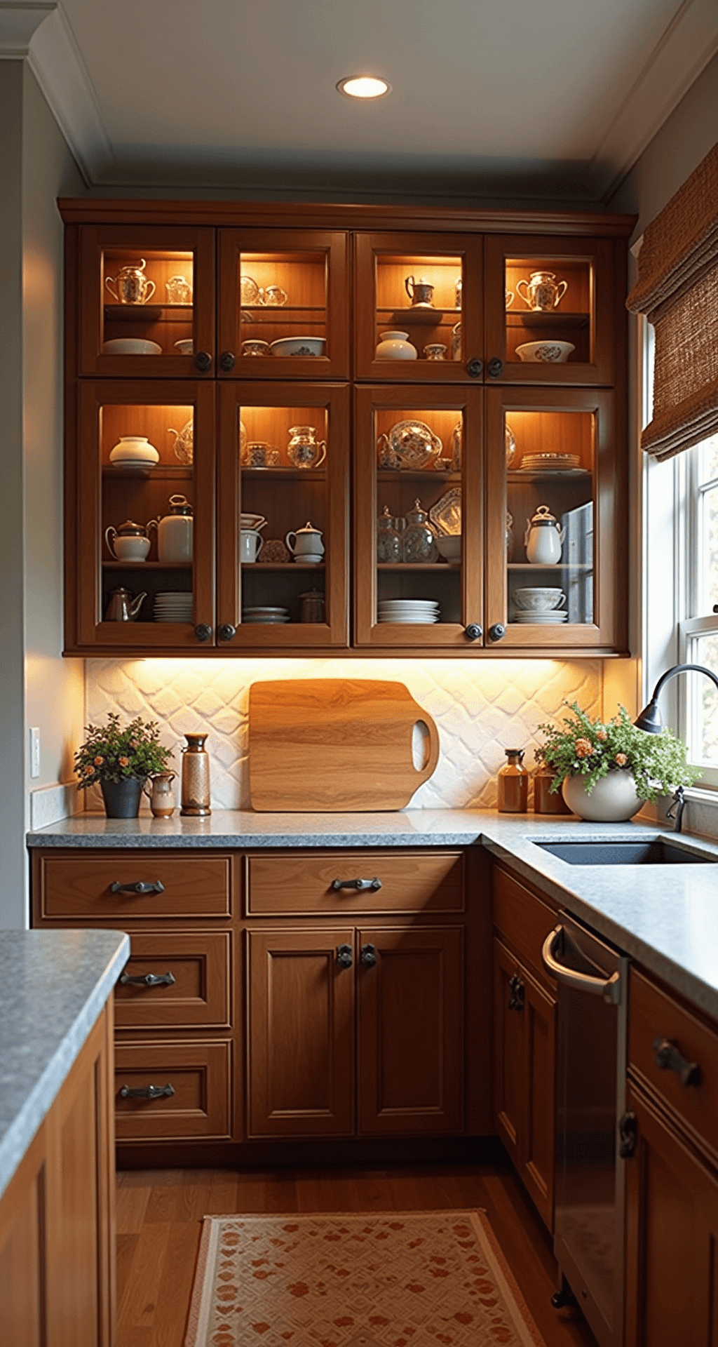 Cozy transitional kitchen bathed in golden hour light, showcasing floor-to-ceiling cherry wood cabinets, glass-front upper cabinets with curated dishware, and grey soapstone counters illuminated by warm LED under-cabinet lighting. Copper cookware hangs from a ceiling-mounted rack, while the space is styled with an artisanal breadboard, fresh flowers, and vintage-inspired tea towels.