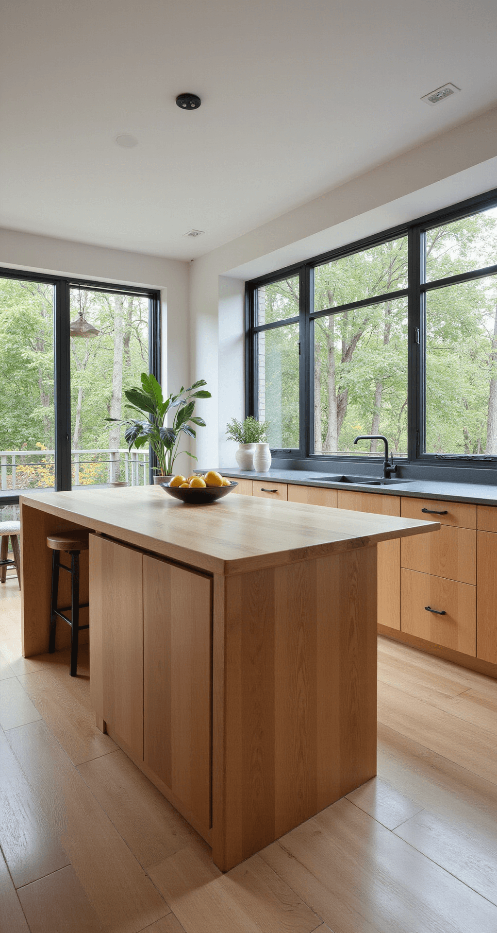Contemporary minimal kitchen featuring sleek maple slab-front cabinets, a waterfall island, double-height windows, and matte black hardware, styled with a geometric fruit bowl and minimalist ceramics.