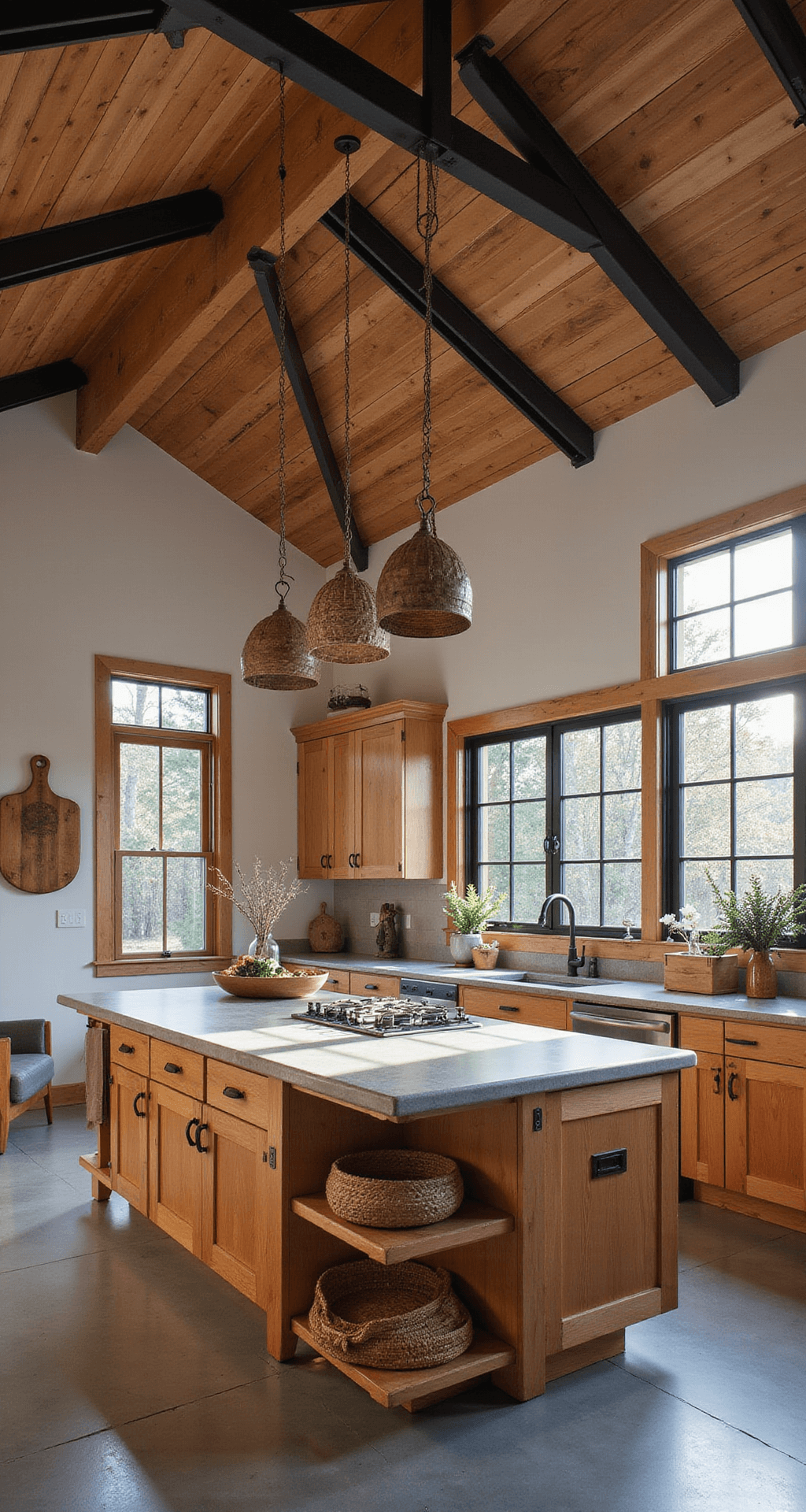 A rustic-modern kitchen featuring knotty alder cabinets in honey finish, black steel-framed windows, and rough-hewn wooden beams, with a wood and concrete center island, dramatic pendant lights, and styled decor including vintage cutting boards and woven baskets.