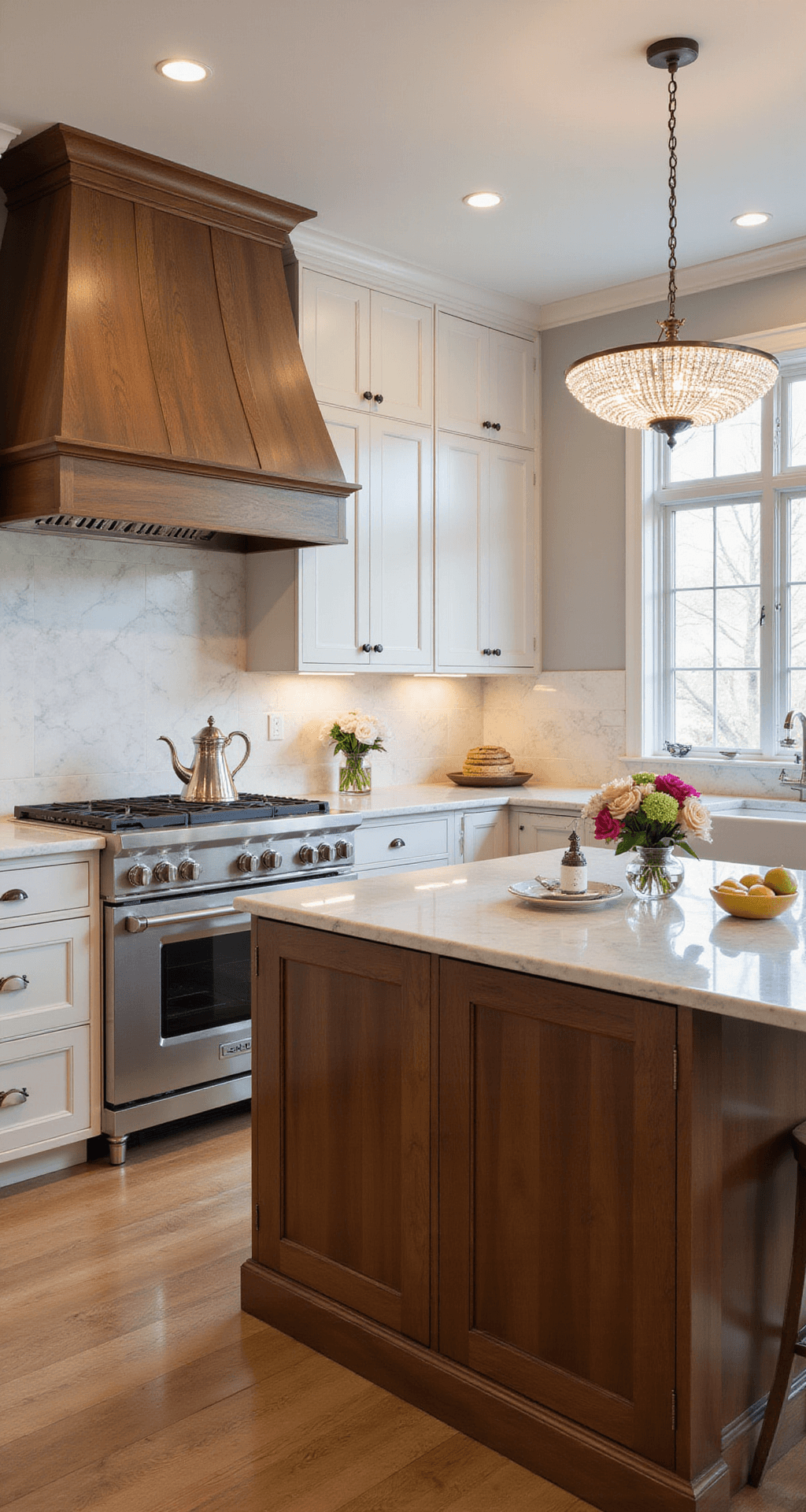 High-end traditional kitchen featuring painted perimeter cabinets and a walnut island, with a custom hood, marble backsplash, crystal chandelier, and professional-grade stainless steel appliances, styled with a silver tea service and fresh flowers.