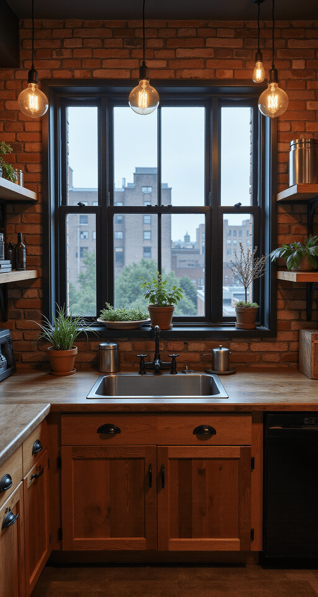 Industrial-chic kitchen with reclaimed wood cabinets and metal accents, exposed brick wall, metal shelving, Edison bulb pendants, black steel windows framing a city view at dusk, styled with vintage scales, industrial canisters, and potted herbs.