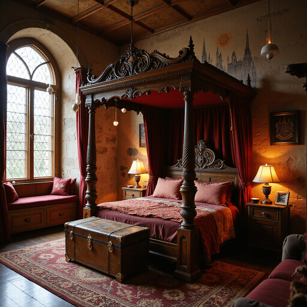 A grand Gryffindor-themed bedroom featuring a four-poster bed draped in crimson velvet, weathered stone-effect walls with a Hogwarts mural, and floating electric candles, all illuminated by warm golden hour light.