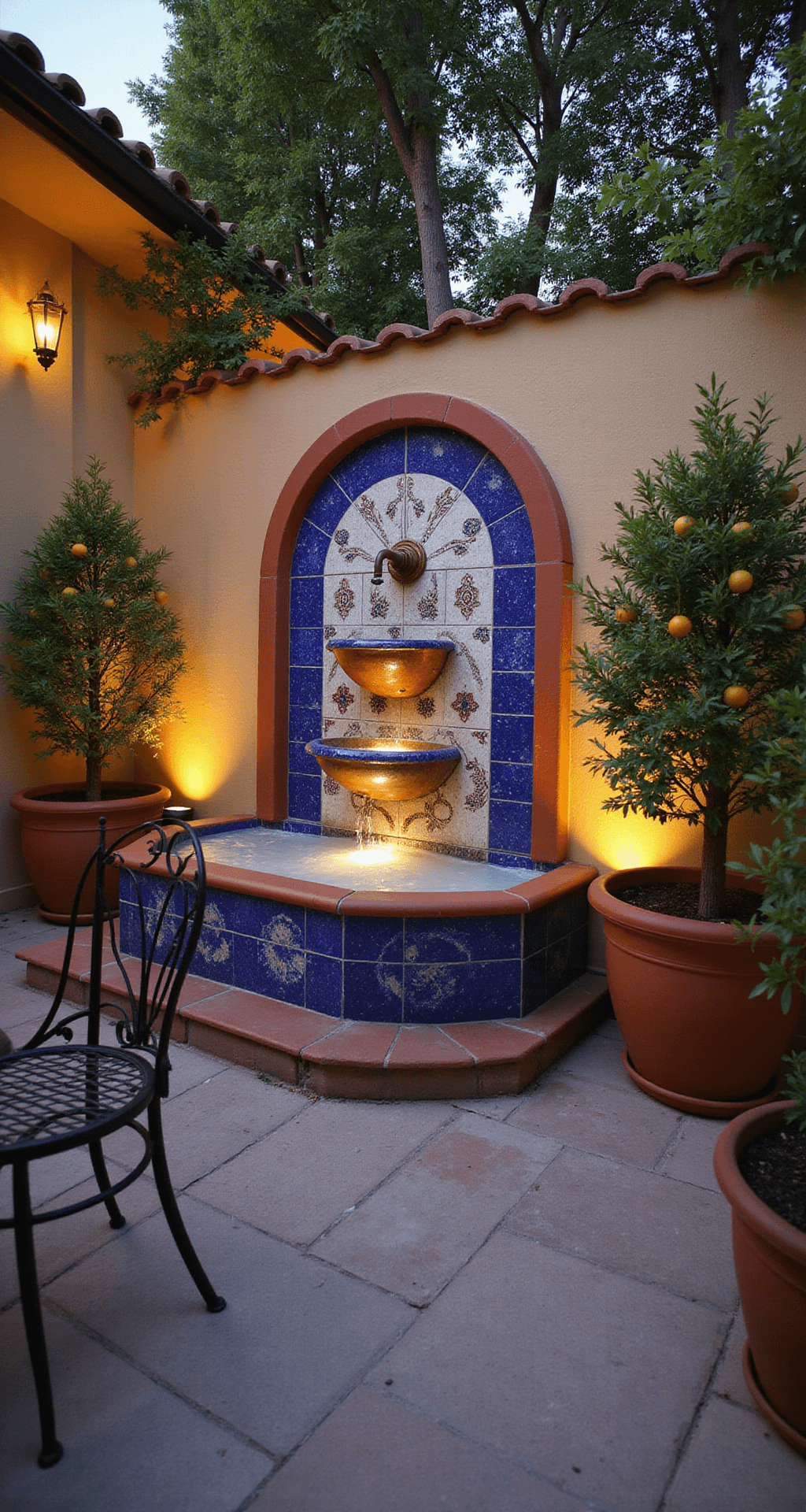Evening view of a Mediterranean courtyard featuring a tiered wall fountain with copper spouts framed by hand-painted ceramic tiles. Terracotta pots with citrus trees flank the fountain, while warm lighting enhances the intimate atmosphere. An iron bistro set hints at a peaceful evening setting, with rich Mediterranean colors and blue tile accents visible throughout the scene.