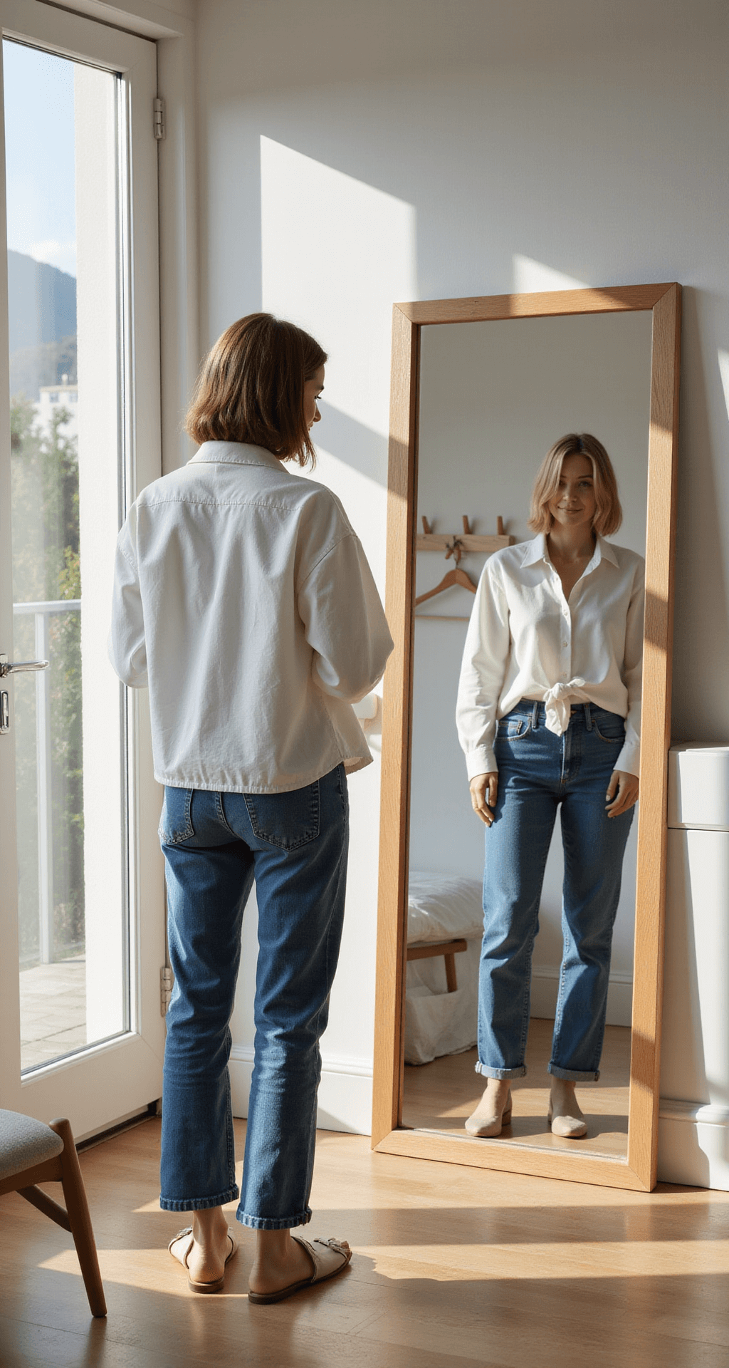 A fashion influencer in a sunlit minimalist bedroom styles a white oversized button-down with vintage jeans, reflected in a full-length mirror, surrounded by natural wooden hangers and essentials.