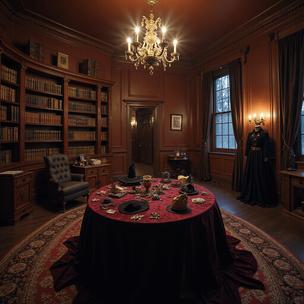 A dimly lit Victorian parlor filled with rich jewel tones, featuring ornate moldings, flickering candlelight from an antique chandelier, a mahogany table covered with sewing notions and witch hats, bookshelves of leather-bound tomes, and a full-length mirror reflecting a mannequin in a witch costume. The wide-angle shot highlights the spooky, elegant atmosphere enhanced by low-key lighting.