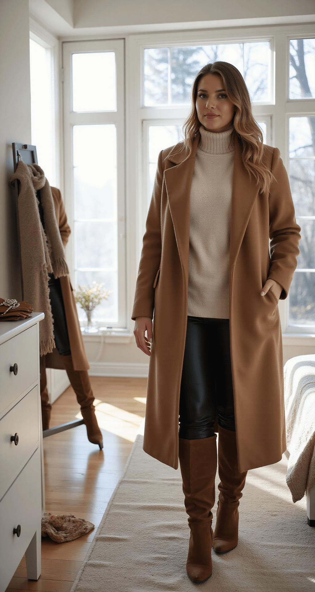 A plus-size model in a camel wool coat stands in a sun-filled modern bedroom, styled with a cream turtleneck and black faux-leather leggings, reflecting in a full-length mirror. Knee-high brown suede boots complete her outfit. The minimalist space features a white dresser adorned with cashmere scarves, leather gloves, and silver jewelry, with early morning light highlighting the textures.