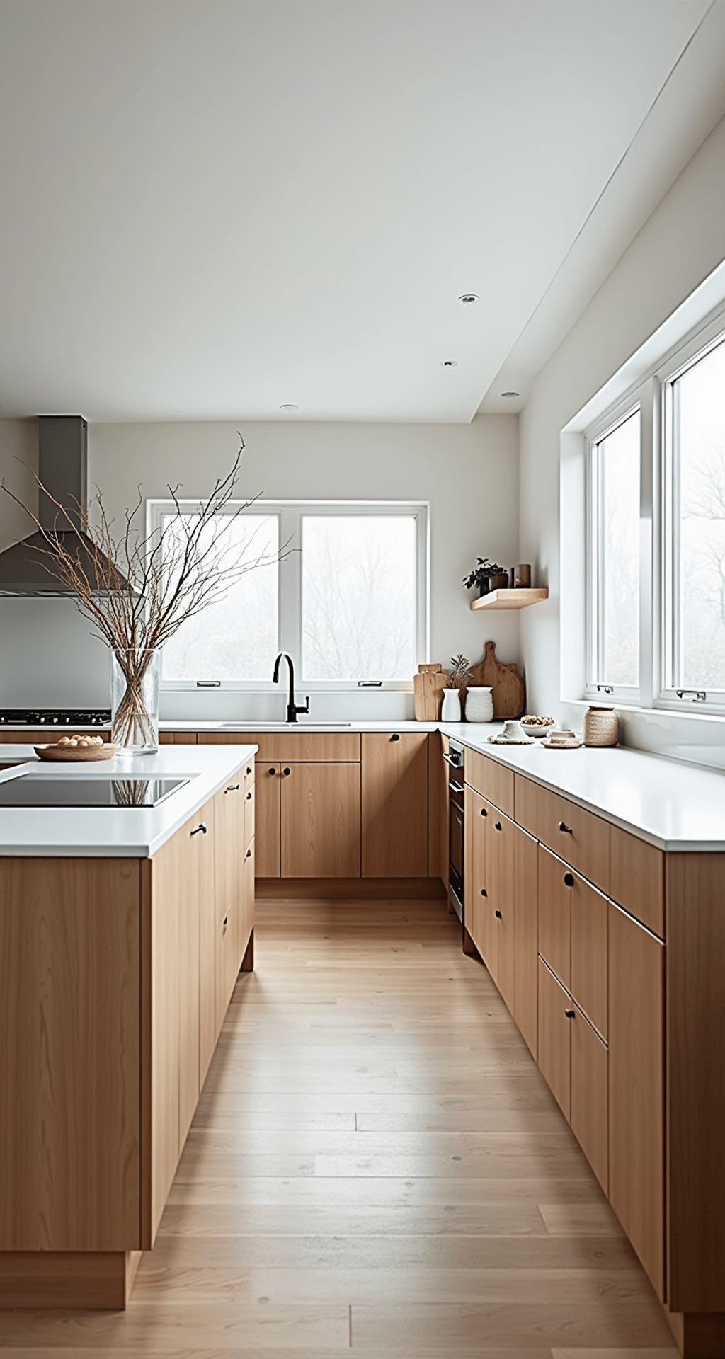 A Scandinavian-inspired kitchen featuring blonde wood cabinets, white counters, and white oak flooring, illuminated by natural northern light from floor-to-ceiling windows. The minimalistic design includes handmade ceramics, linen textiles, and sculptural branches in a clear glass vase, captured from an aerial view to showcase the layout and flow.