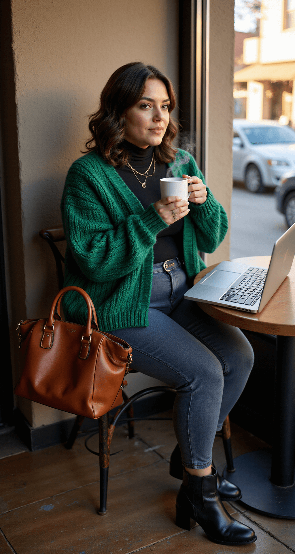 A plus-size influencer sits in a cozy urban coffee shop corner during golden hour, wearing an oversized emerald green knit sweater over a black turtleneck and high-waisted dark wash jeans. She completes her look with black leather chelsea boots and a cognac leather tote, as steam rises from her coffee cup and her laptop is open, capturing an authentic working moment.