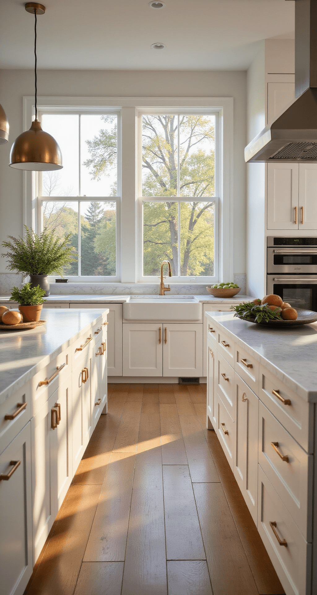 A modern kitchen with white shaker cabinets, brass hardware, and a large marble island, illuminated by golden hour light through large windows, featuring wide plank white oak flooring and natural decorations.