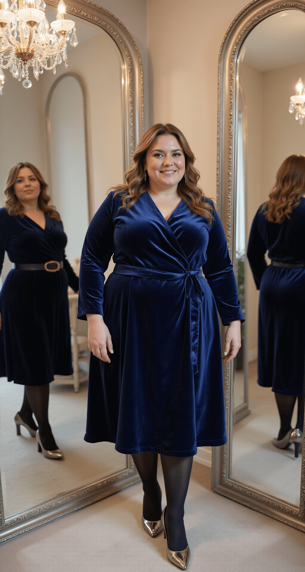 A plus-size model in a sophisticated navy velvet midi dress stands in an upscale boutique dressing room, surrounded by mirrors. She pairs the dress with opaque black tights and metallic pointed-toe boots, while a crystal chandelier above casts a soft sparkle on the fabric. The image captures the texture and movement of the dress with shallow depth of field, emphasizing elegance and style.