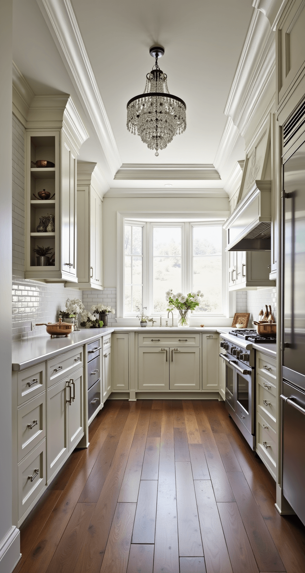 A grand traditional kitchen featuring raised panel white cabinets with intricate crown molding, a crystal chandelier casting light patterns on a subway tile backsplash, and professional-grade stainless appliances, all styled with copper cookware, fresh flowers, and vintage accessories.