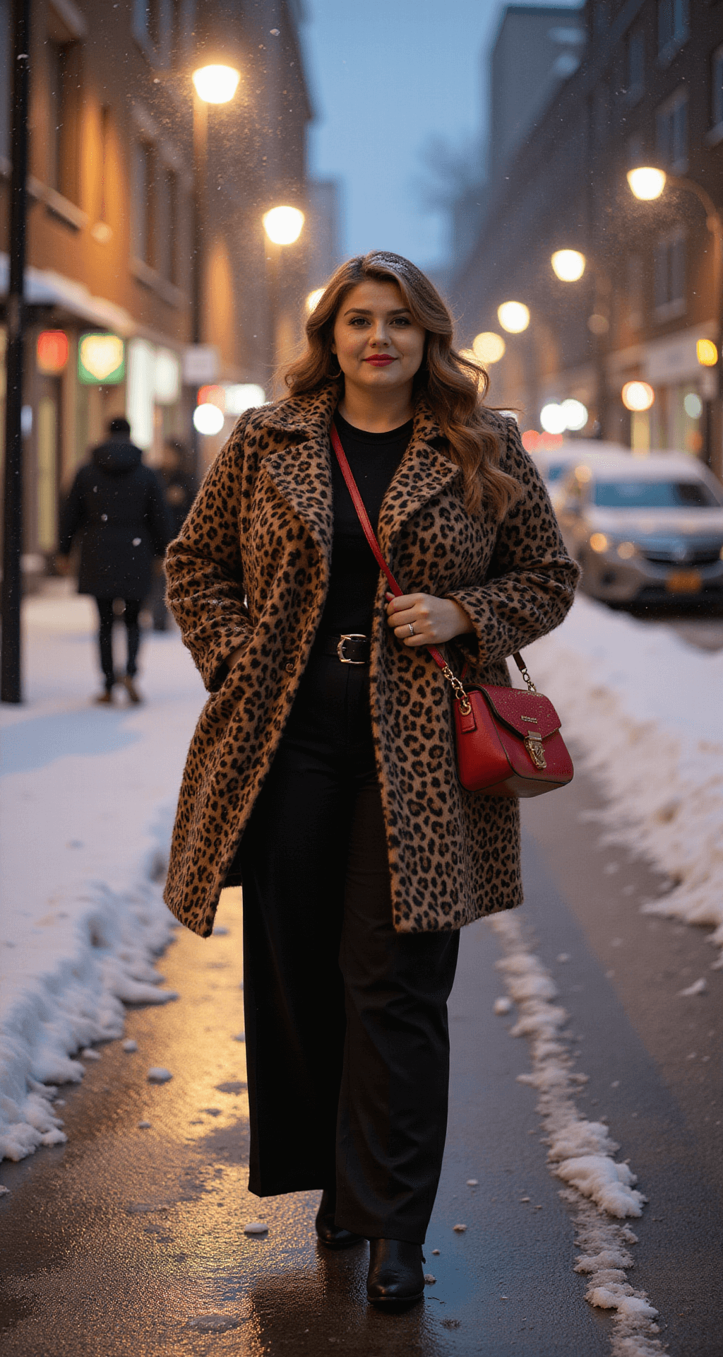A confident plus-size model walks down a snow-covered city street at twilight, wearing a statement leopard print coat, black wide-leg trousers, and heeled ankle boots. A red leather crossbody bag adds a vibrant touch. Snowflakes catch in her styled hair as street lamps cast a magical glow, creating a dramatic urban winter scene from a street-level perspective.