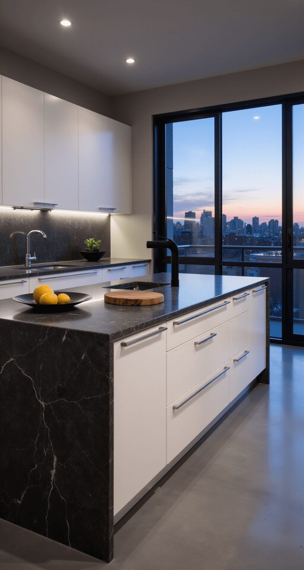 Dramatic twilight kitchen with white slab-front cabinets, sleek chrome pulls, and under-cabinet LED lighting casting shadows, featuring a dark veined quartzite waterfall island, floor-to-ceiling city view windows, and minimal geometric accessories.