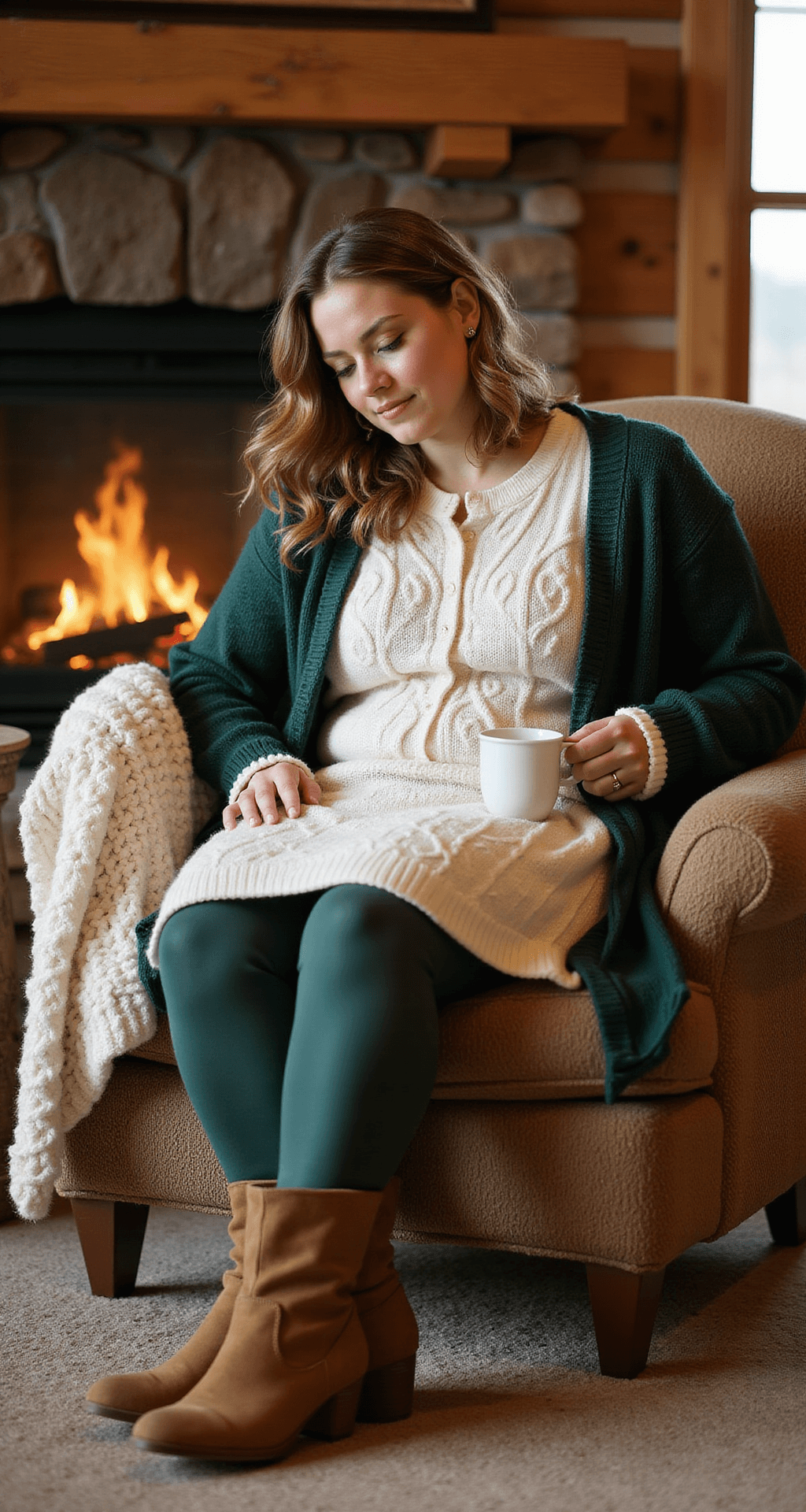 A cozy rustic cabin interior featuring a plus-size model curled up in an oversized reading chair, dressed in a cream cable-knit sweater dress, forest green knit cardigan, fleece-lined leggings, and slouchy suede boots. A chunky knit throw blanket and a steaming mug of tea complete the scene, bathed in soft, warm lighting that highlights the inviting textures.