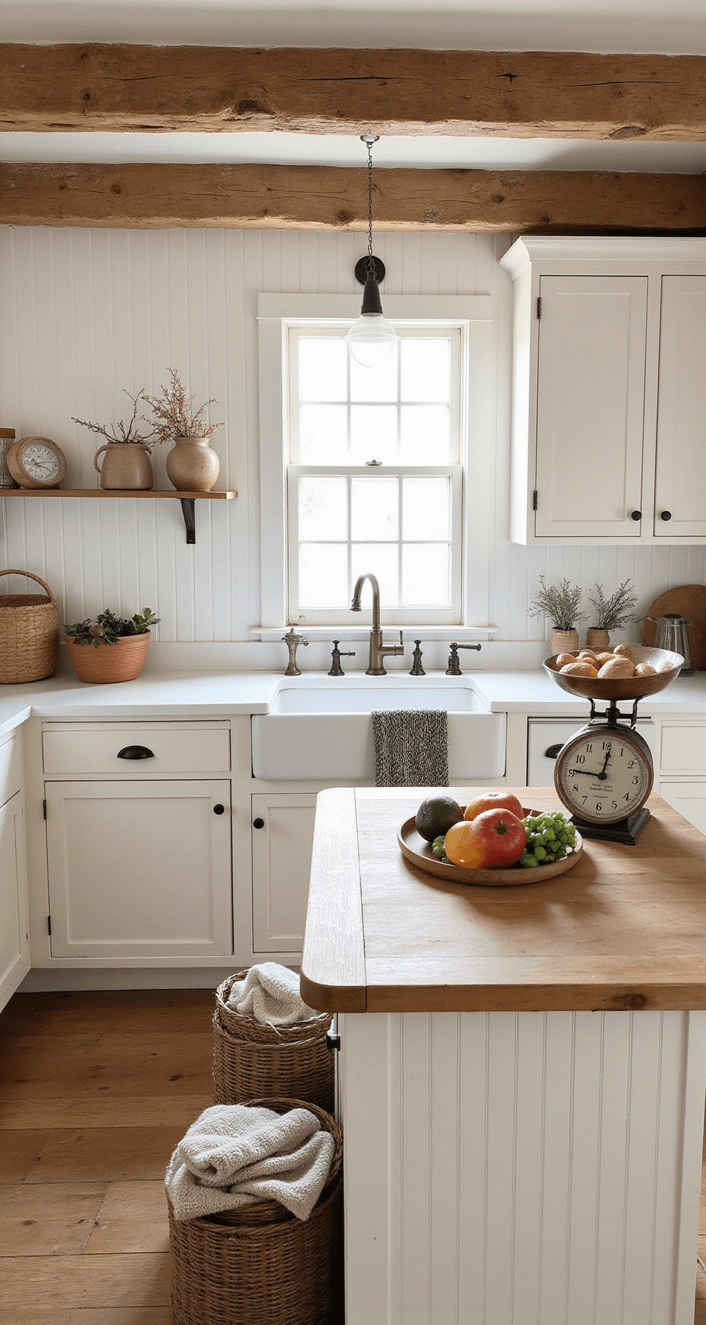 A cozy farmhouse kitchen with off-white beadboard cabinets and vintage glass knobs, featuring a butcher block island adorned with an antique scale and fresh produce. Exposed wooden beams add rustic charm, while collected pottery, woven baskets, and dried herbs enhance the styling. The warm color palette includes warm white, natural wood tones, and aged brass.