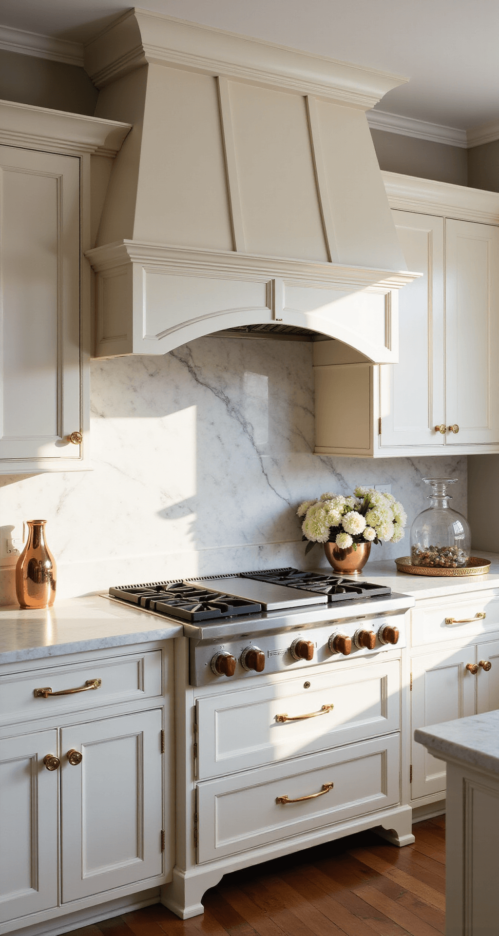 A luxurious kitchen with cream-white raised panel cabinets and gold hardware, featuring a custom range hood and Calacatta marble backsplash. The scene is styled with fresh flowers, crystal decanters, and copper accessories, illuminated by warm late afternoon sunlight.