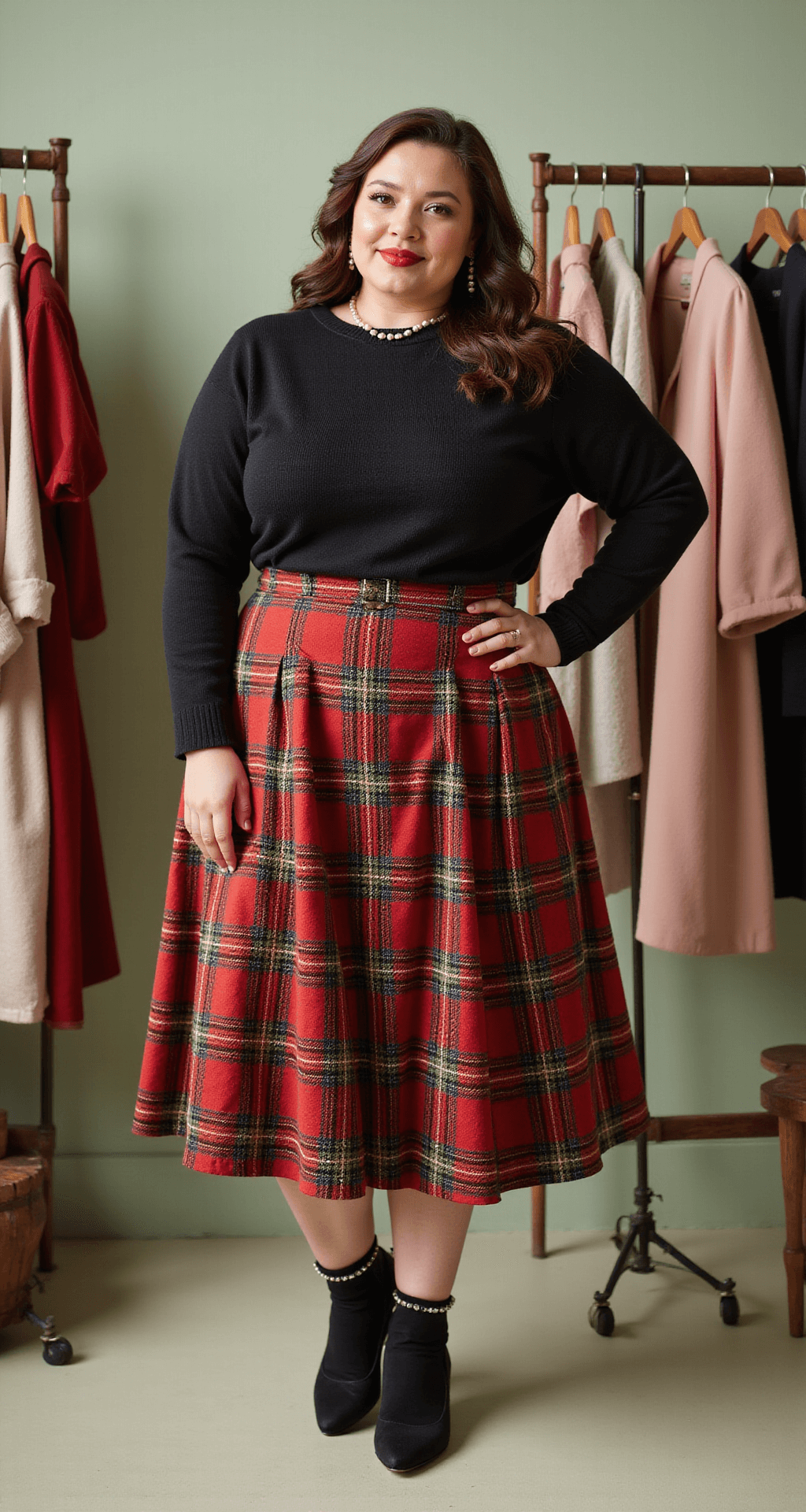 Plus-size model poses in a vintage-inspired studio, wearing a high-waisted plaid midi skirt, fitted black sweater with pearl details, and kitten heel mary janes with decorative socks, set against a pastel backdrop. Her hair is styled in vintage waves, complemented by bold red lipstick, with multiple racks of retro clothing in the background.