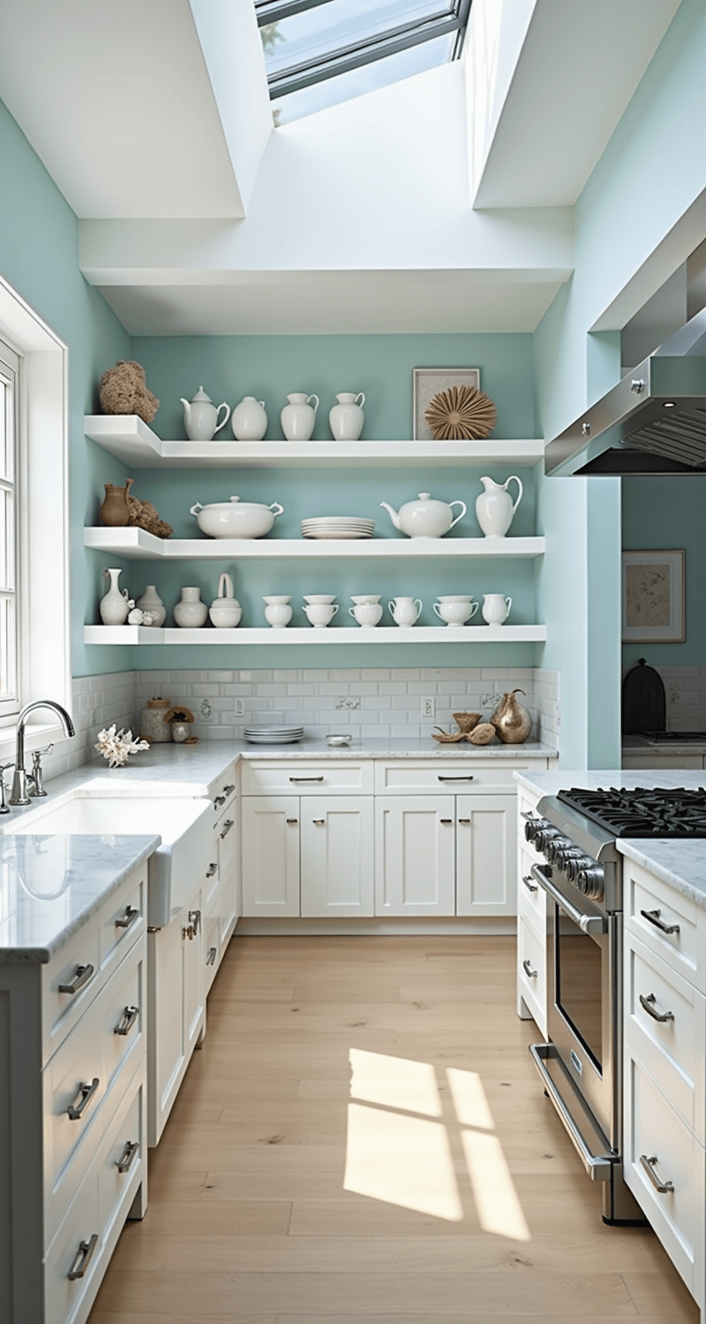 Modern coastal kitchen featuring bright white shaker cabinets, pale blue walls, honed marble counters, and natural light from a skylight, styled with coral and driftwood accents.