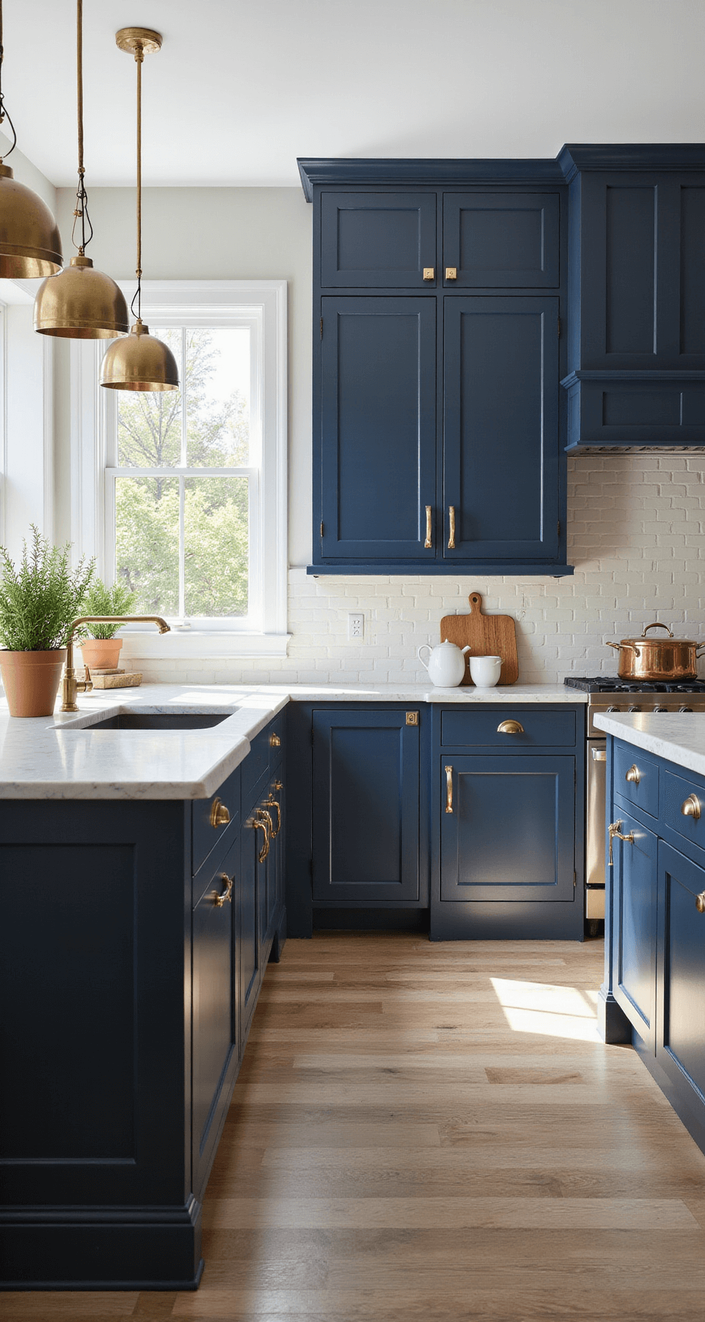 A spacious kitchen featuring navy blue Shaker cabinets and Carrara marble countertops, illuminated by natural light from floor-to-ceiling windows. The island has a waterfall edge and vintage pendant lights, with a cream subway tile backsplash. Wide-plank white oak flooring, copper cookware, white ceramics, and terracotta pots with fresh herbs complete the stylish decor.