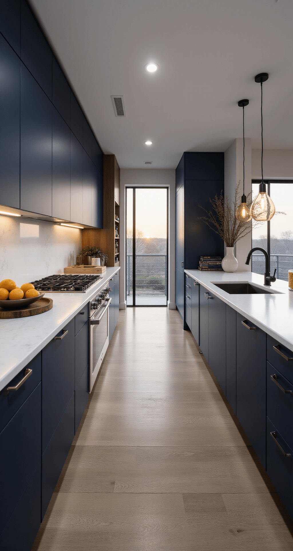 A modern galley kitchen featuring navy blue flat-panel cabinets, white quartz waterfall countertops, and integrated appliances. The setting showcases linear LED under-cabinet lighting, a matte black faucet, and industrial-style pendant lights, all captured during golden hour to emphasize symmetry and a contemporary aesthetic. Stylish decor includes a geometric fruit bowl, minimalist wine rack, and an architectural cookbook display.