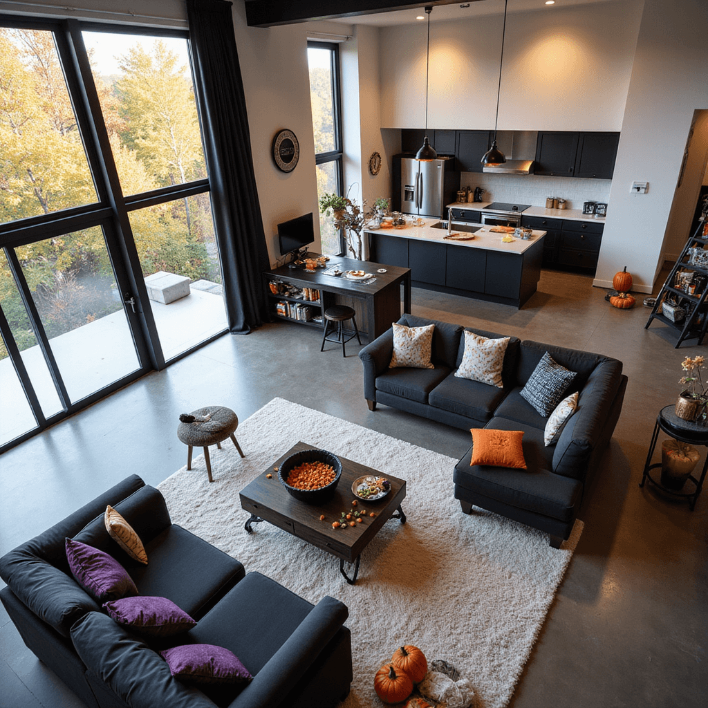 A modern open-concept living area transformed for a Halloween party, featuring craft stations for hat-making and costume alterations, a snack and drink station with a cauldron-shaped punch bowl, and a minimalist color scheme of black, white, orange, and purple, all under bright, even lighting.