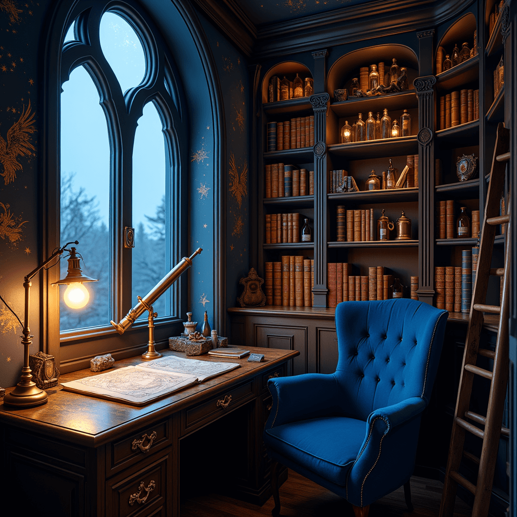 An intimate Ravenclaw study nook measuring 10'x8', captured during blue hour, showcasing a bronze telescope by an arched window overlooking a starlit sky, a floor-to-ceiling bookshelf with a rolling ladder filled with leather-bound tomes and glowing potion bottles, a midnight blue velvet reading chair next to a brass astronomy floor lamp, and eagle motifs carved into wooden details. Scattered star maps and constellation charts are on the desk, with midnight blue walls adorned with hand-painted golden stars, all emphasized by a low-angle shot that highlights the ceiling height, illuminated by cool evening light mixed with warm amber light from a vintage desk lamp, shot at f/4 to emphasize intricate details.
