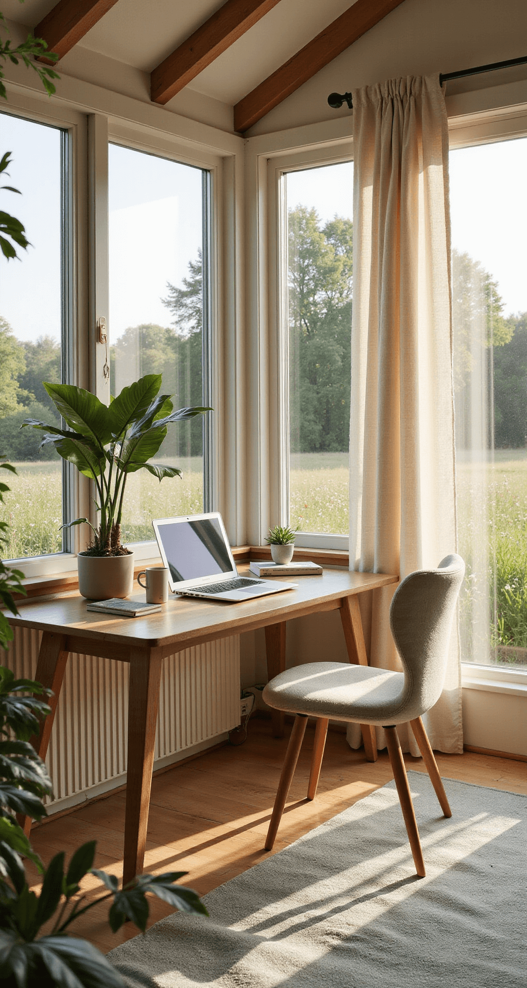 A tranquil home office in a modern summer house features floor-to-ceiling windows overlooking a wildflower meadow, with Scandinavian-style decor, light oak floors, and minimal furnishings, bathed in golden hour sunlight.