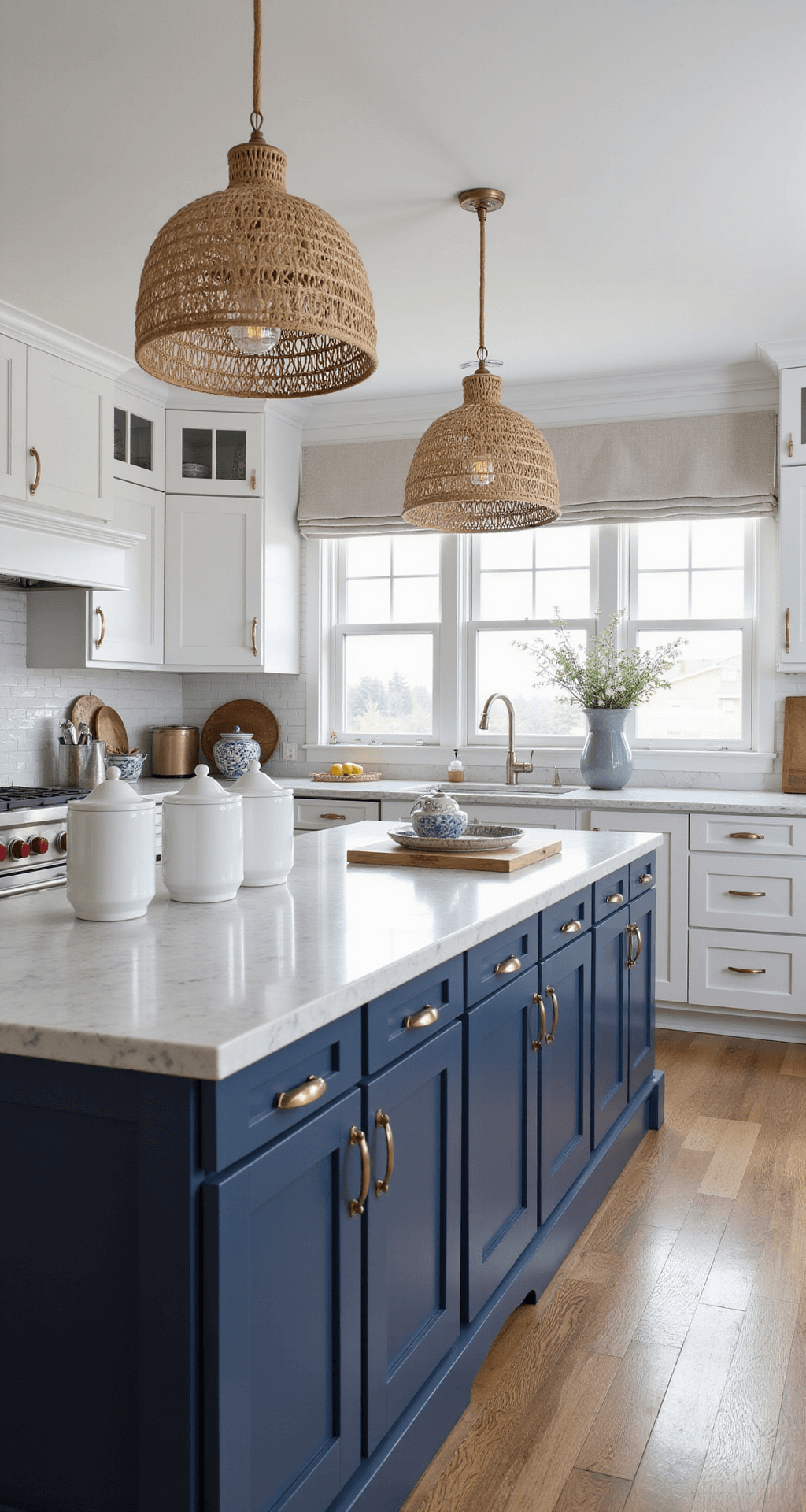 Coastal-inspired L-shaped kitchen featuring navy blue lower cabinets and white glass-front upper cabinets, illuminated by morning light. The kitchen showcases brushed nickel hardware, a white shiplap backsplash, and marble-look quartz countertops. Natural woven pendant lights hang above the island, while decor includes white ceramic canisters, blue-and-white chinoiserie, and seagrass baskets, all complementing the maritime navy and cloud white color palette.
