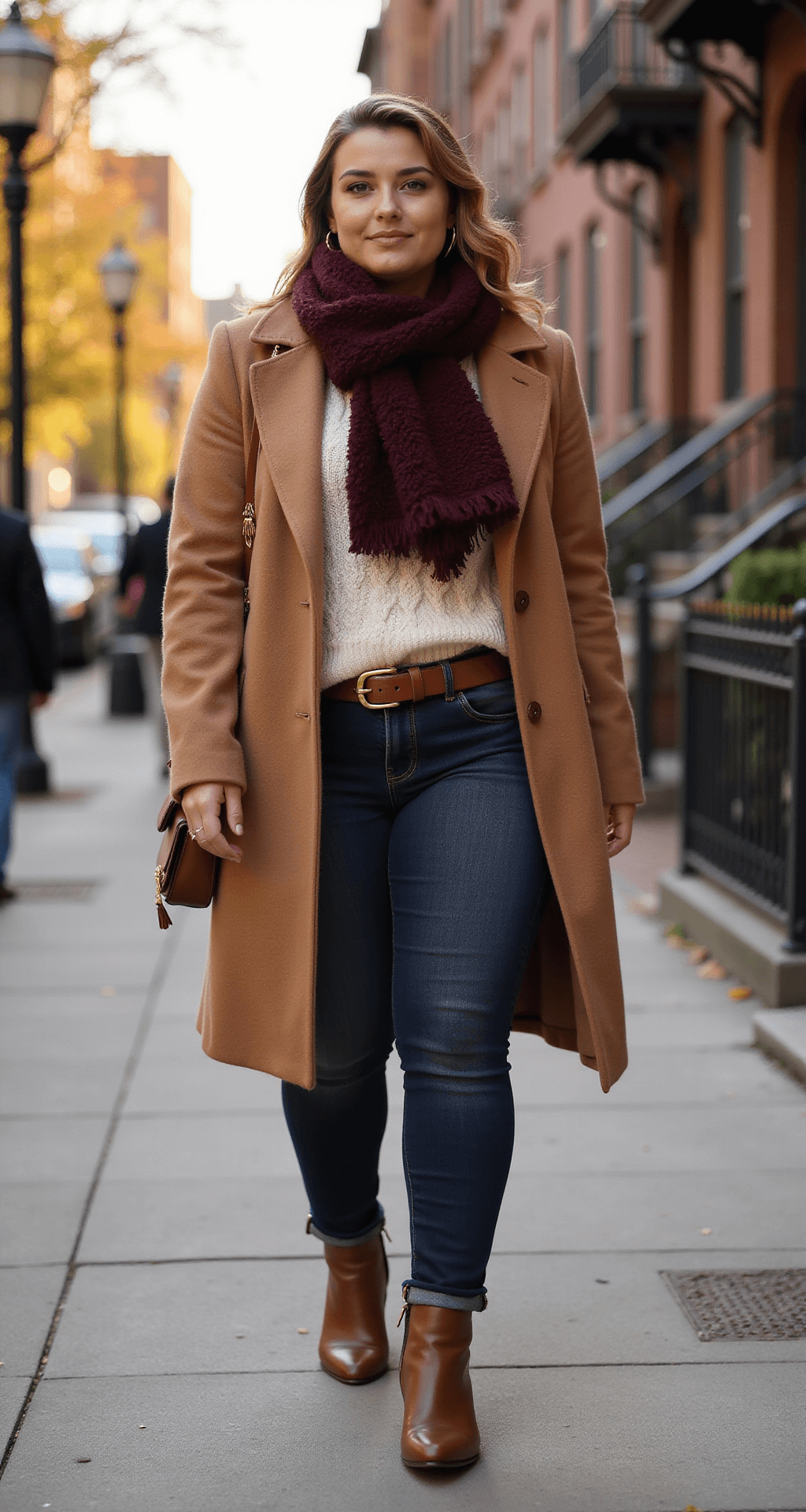 A plus-size model confidently walking down a brownstone-lined street during golden hour, dressed in a camel wool A-line coat, cinched with a leather belt, over a cream cable-knit sweater and dark wash jeans. She wears a burgundy scarf, gold accessories, and leather Chelsea boots, with a softly blurred urban backdrop.