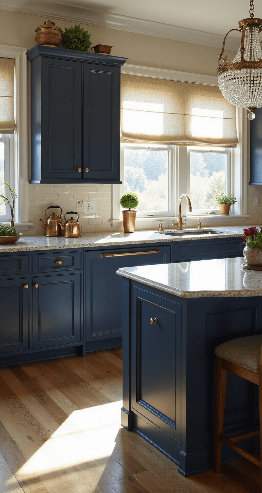 A traditional kitchen measuring 15x18ft, featuring navy blue raised-panel cabinets with antique brass hardware, cream granite countertops, and a classic subway tile backsplash. Afternoon sunlight filters through Roman shades, illuminating the space from an elevated angle that highlights the cabinet details. A crystal chandelier hangs above the island, casting charming prisms, while copper kettles, vintage canisters, and topiaries add styling accents in a rich navy, aged brass, warm cream, and copper color palette.