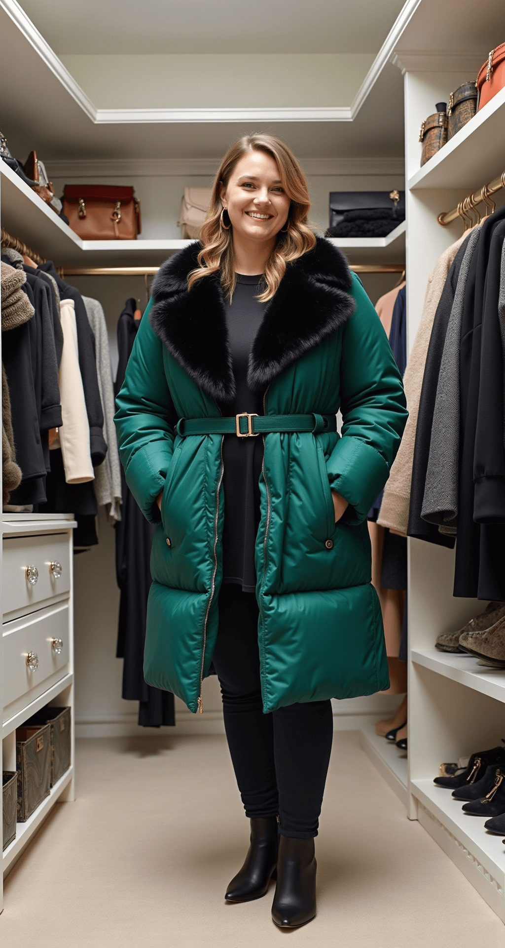 Bright and organized walk-in closet showcasing plus-size winter essentials, featuring statement coats in emerald green, black faux fur, and charcoal wool, along with coordinated outfits, thermal layers, and luxe crystal drawer pulls and metallic hangers, all illuminated by soft, diffused lighting.