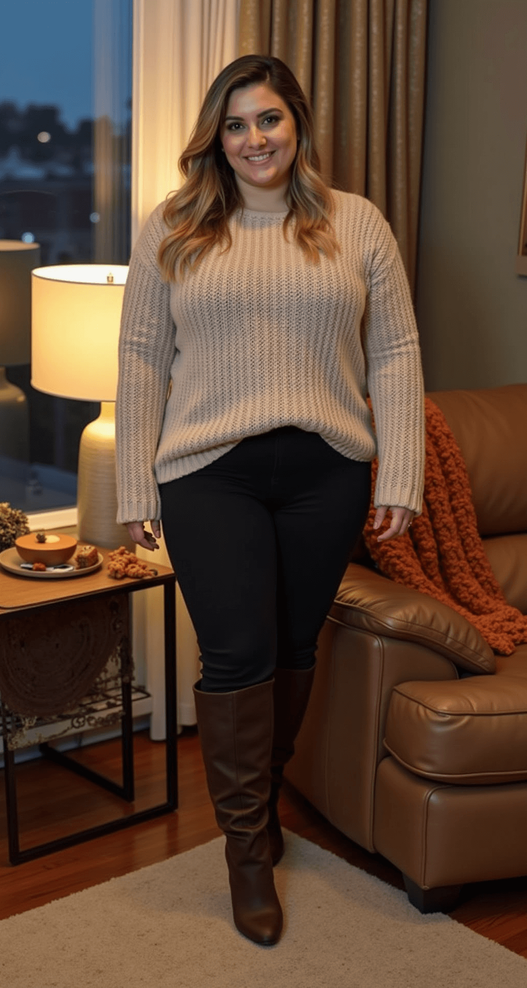 Cozy modern living room corner at dusk featuring a plus-size model in high-waisted black leggings, an oversized oatmeal cable-knit sweater, and chocolate brown knee-high boots. A chunky rust-toned knit scarf rests on a leather armchair, illuminated by warm lamp light that enhances the cozy atmosphere and textures. The shot is taken from a low angle, emphasizing the outfit proportions.