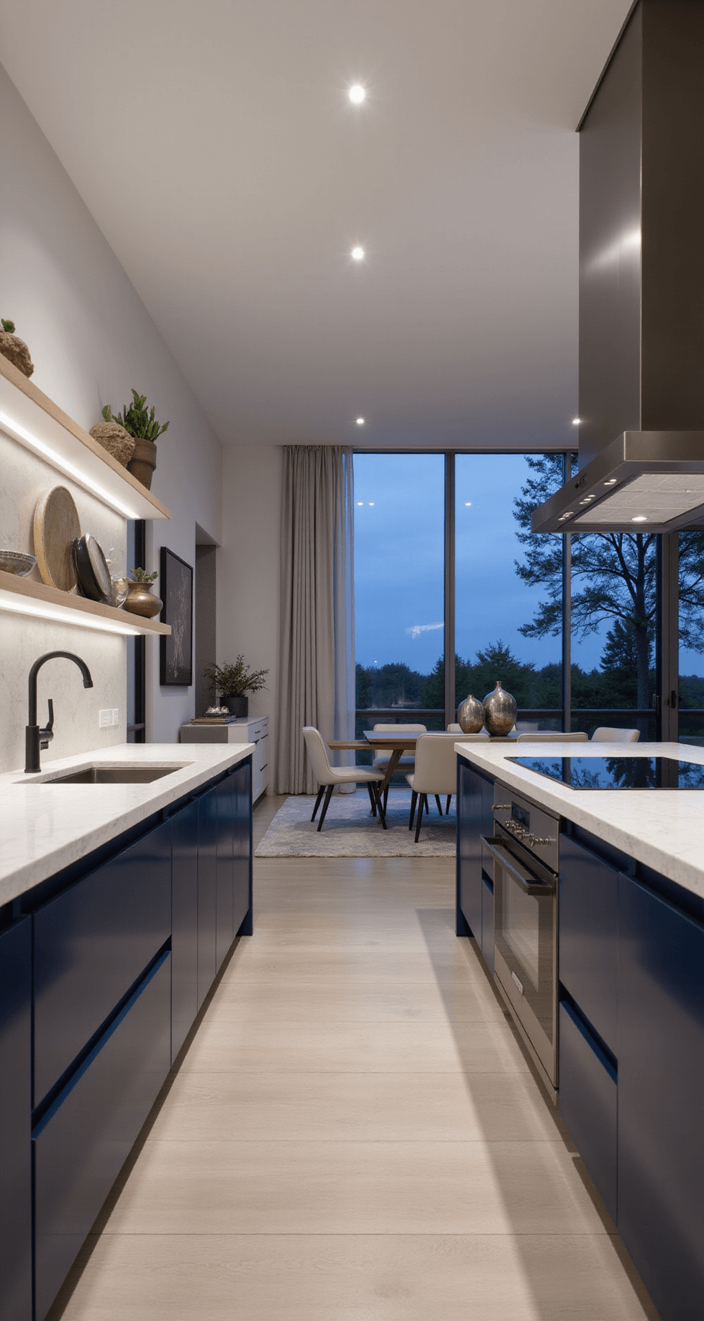 A contemporary open-concept kitchen at dusk featuring high-gloss navy cabinets, white engineered stone countertops, and bleached oak floating shelves, illuminated by strategic LED strip lighting, with a flow into a dining area adorned with modern art and metallic vessels.