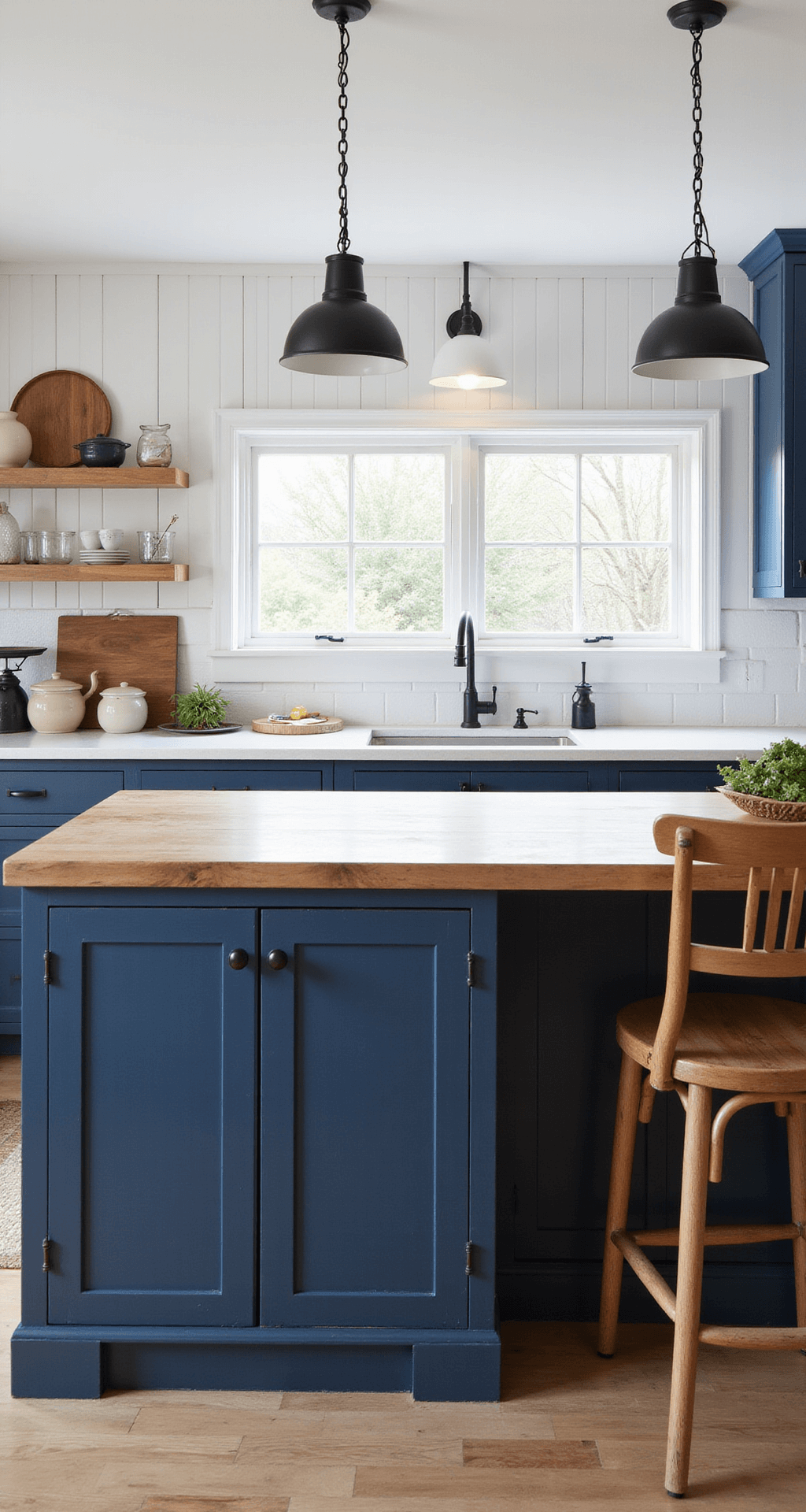 A modern farmhouse kitchen featuring navy blue beadboard cabinets and matte black hardware, with a butcher block island and white countertops, illuminated by soft morning light. The space includes a white subway tile backsplash, iron pendant lights, and vintage decor like scales and earthenware crocks, set in a color palette of deep navy, warm woods, pure white, and iron black.