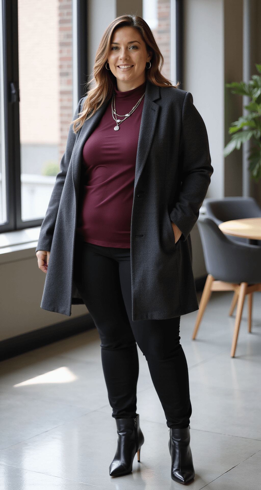 A plus-size model stands in a contemporary office, wearing black ponte pants, a fitted burgundy turtleneck, and a charcoal blazer, accessorized with silver jewelry and pointed black ankle boots. The scene is illuminated by midday light streaming through floor-to-ceiling windows, highlighting the polished professional look.